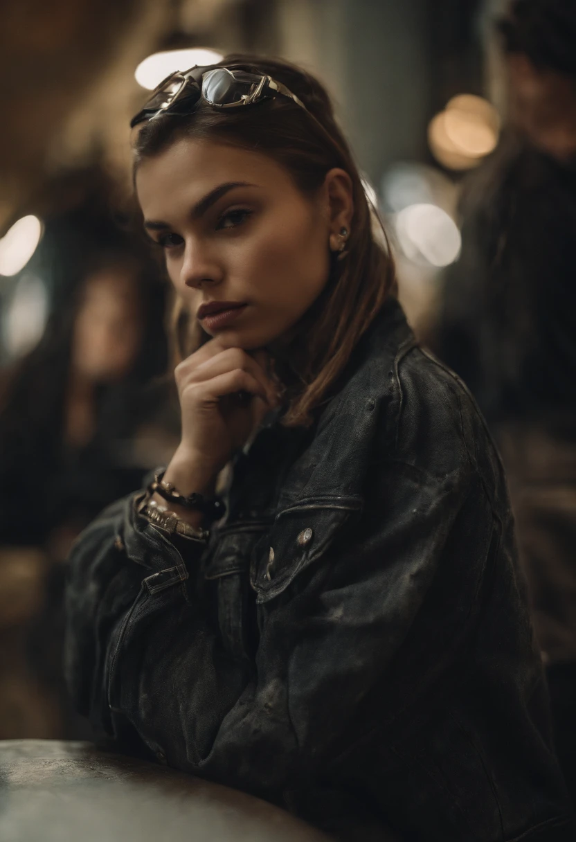 (masterpiece:1.2, best quality), (1lady, solo, upper body:1.2), Hair: buzz cut, Clothing: oversized, distressed denim jacket with patches and pins, paired with black skinny jeans and combat boots, Accessories: silver hoop earrings and a black choker necklace, Hanging out in an underground music venue or street art exhibit
