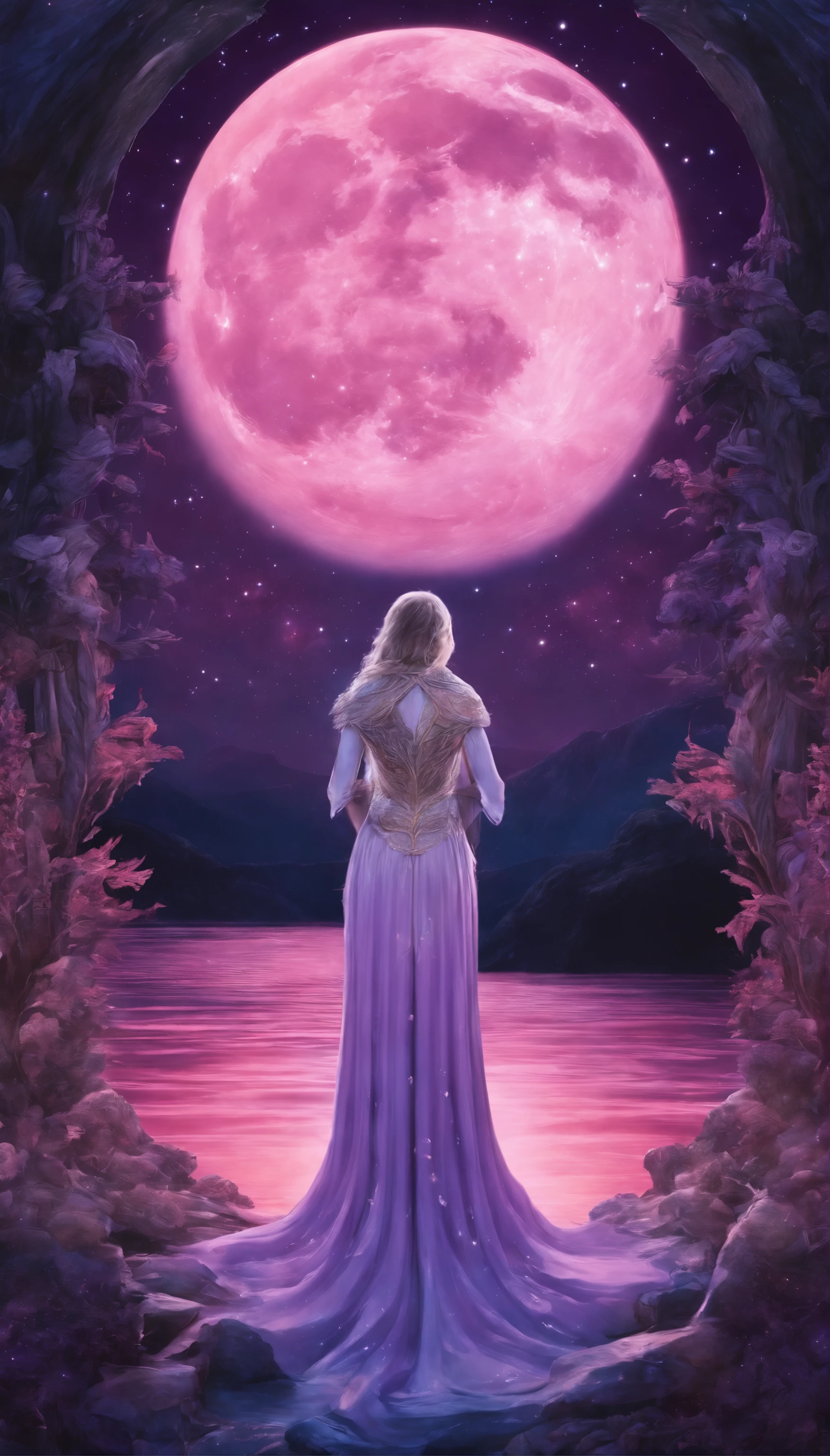 A distant cosmic being, standing with a pink cloak, below an inverted U-shaped portal. The feminine cosmic being with SWORD on the watery ground in one hand and a LANTERN in the other hand, facing the portal and back to the screen, against a background of nigth violet, blue, and purple, a sky full of stars, with a large, bright Full Moon.