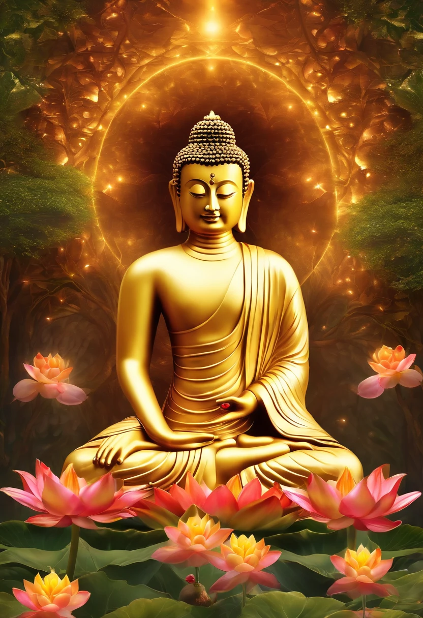 "With the very bright divine light that comes down from heaven and illuminates the whole Buddha、Creates a realistic depiction of Buddha with a golden aura around him, Sitting on a huge lotus flower symmetrical in rainbow colors, Located in the middle of the garden、There are a lot of flowers and colors, Colorful flowers and soft lights will illuminate your face." high-definition picture, High detail and photorealistic style. Images at 300 dpi or higher, UHD 8K
