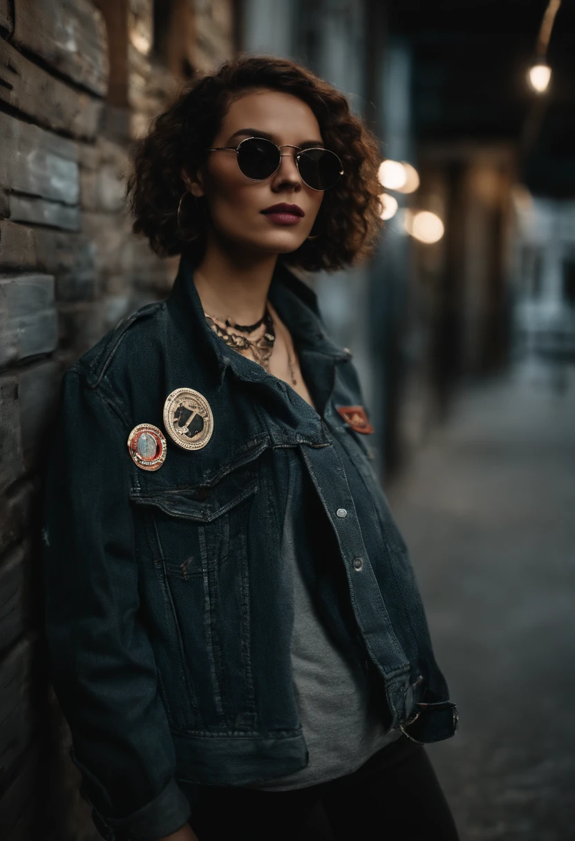 (masterpiece:1.2, best quality), (1lady, solo, upper body:1.2), Hair: buzz cut, Clothing: oversized, distressed denim jacket with patches and pins, paired with black skinny jeans and combat boots, Accessories: silver hoop earrings and a black choker necklace, Hanging out in an underground music venue or street art exhibit