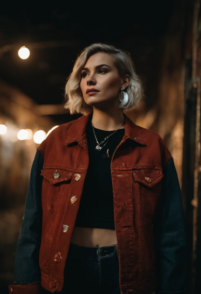 (masterpiece:1.2, best quality), (1lady, solo, upper body:1.2), Hair: buzz cut, Clothing: oversized, distressed denim jacket with patches and pins, paired with black skinny jeans and combat boots, Accessories: silver hoop earrings and a black choker necklace, Hanging out in an underground music venue or street art exhibit