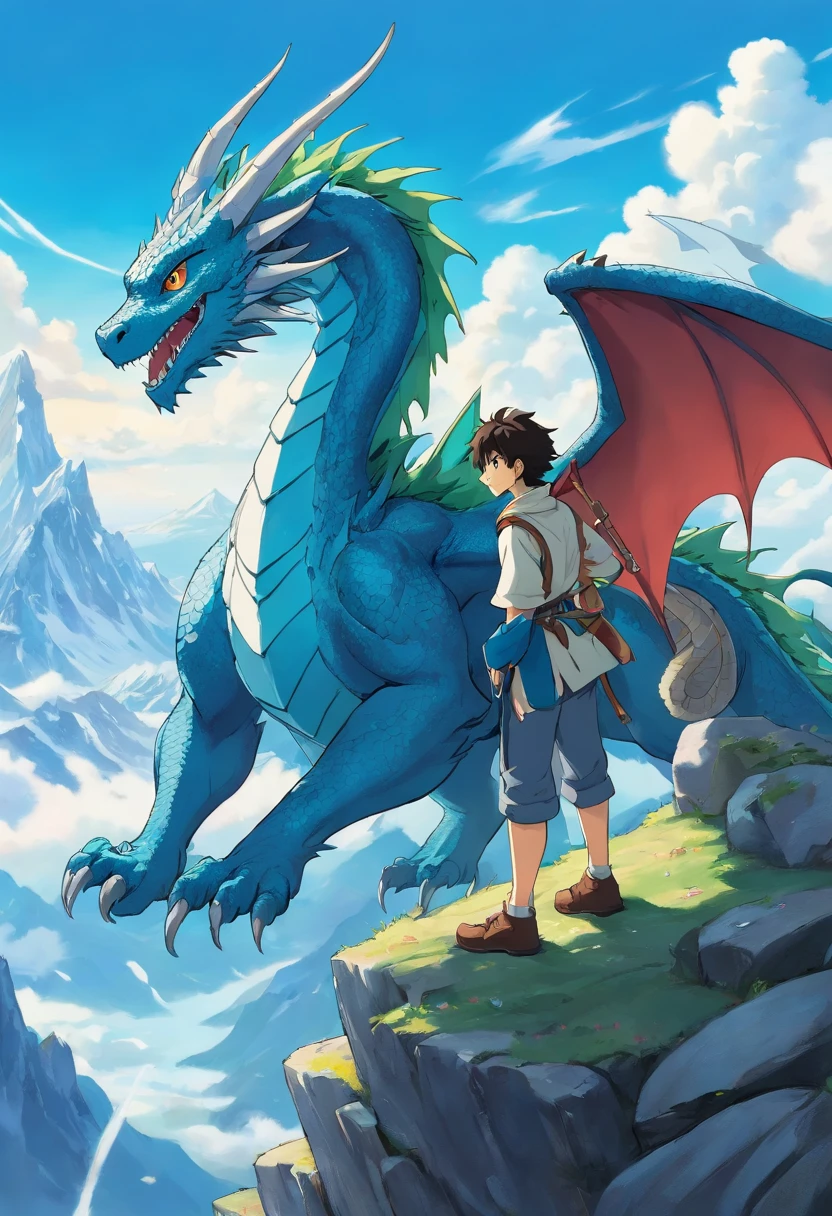 Draw a scene in which a man personifies a dragon。His beautiful hair is black, short and spiky、On the back are spread mighty wings。His eyes sparkled with bright blue cyan eyes.、His gaze is full of strength and he is smiling.。He is standing on the summit of Mount Everest。He has hand was a long sword made of diamond. This scene is、Strength、knowledge、glamour、And symbolizing domination、It expresses the characteristics of a dragon by associating it with the beauty of a man.。Draw the charm and power of a male wind dragon personification。