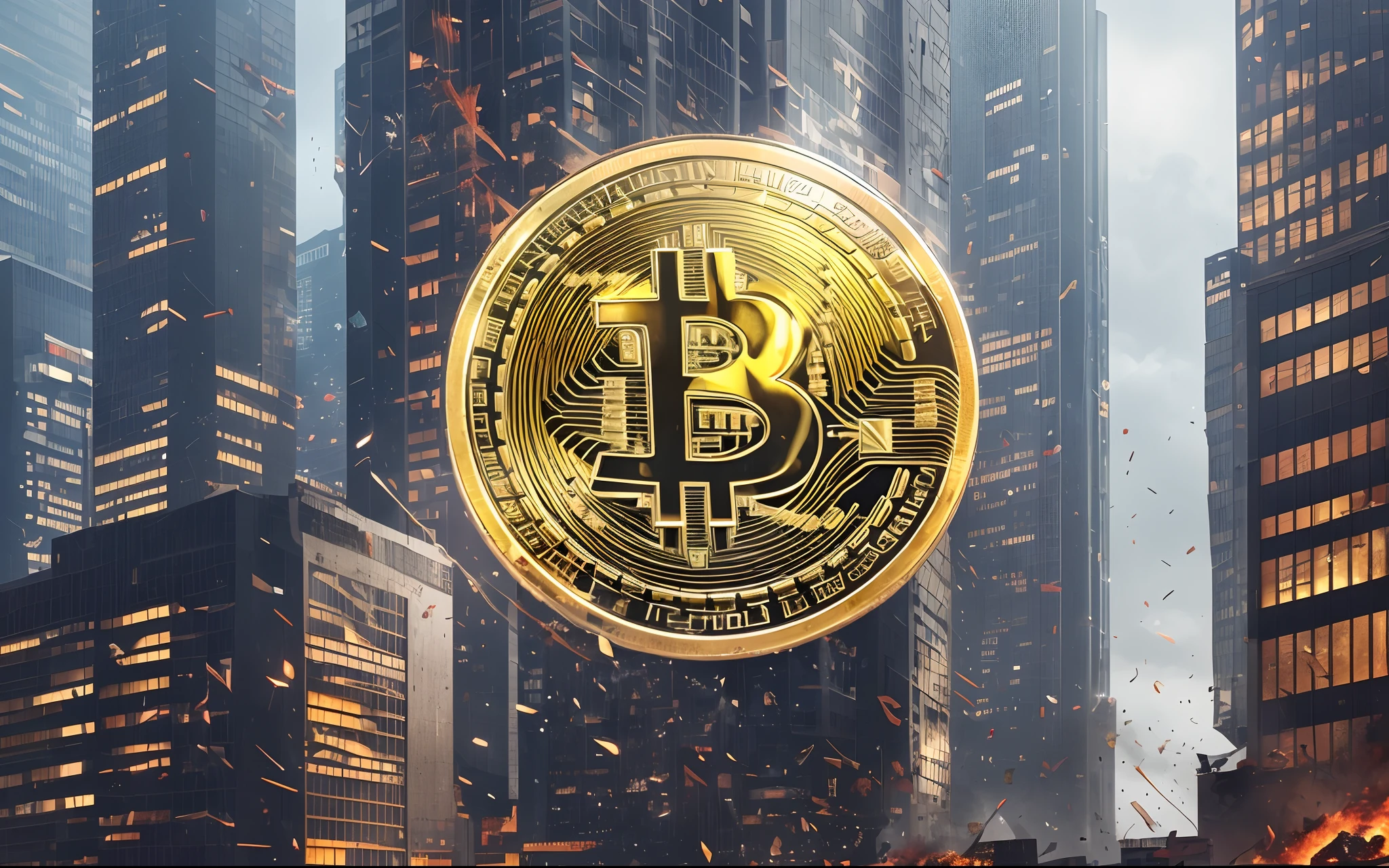 abstract image where chaos and the irrationality of chance and destruction reign, cyberpunk, cybernetic image photo quality of a huge golden bitcoin coin falling in the shape of a huge meteor on top of the american bank JP morgan. image of the jp morgan bank house being destroyed by a huge golden bitcoin coin. in the scenario there are several golden bitcoin coins and amidst the chaos a huge golden bitcoin coin that falls on top of the JP Morgan bank building causing immense destruction. very high resolution image rich in detail in 8k cybernetic cyberpunk scene with scene of destruction bitcoin coin destroying jp morgan bank building  photo quality image --auto --s2