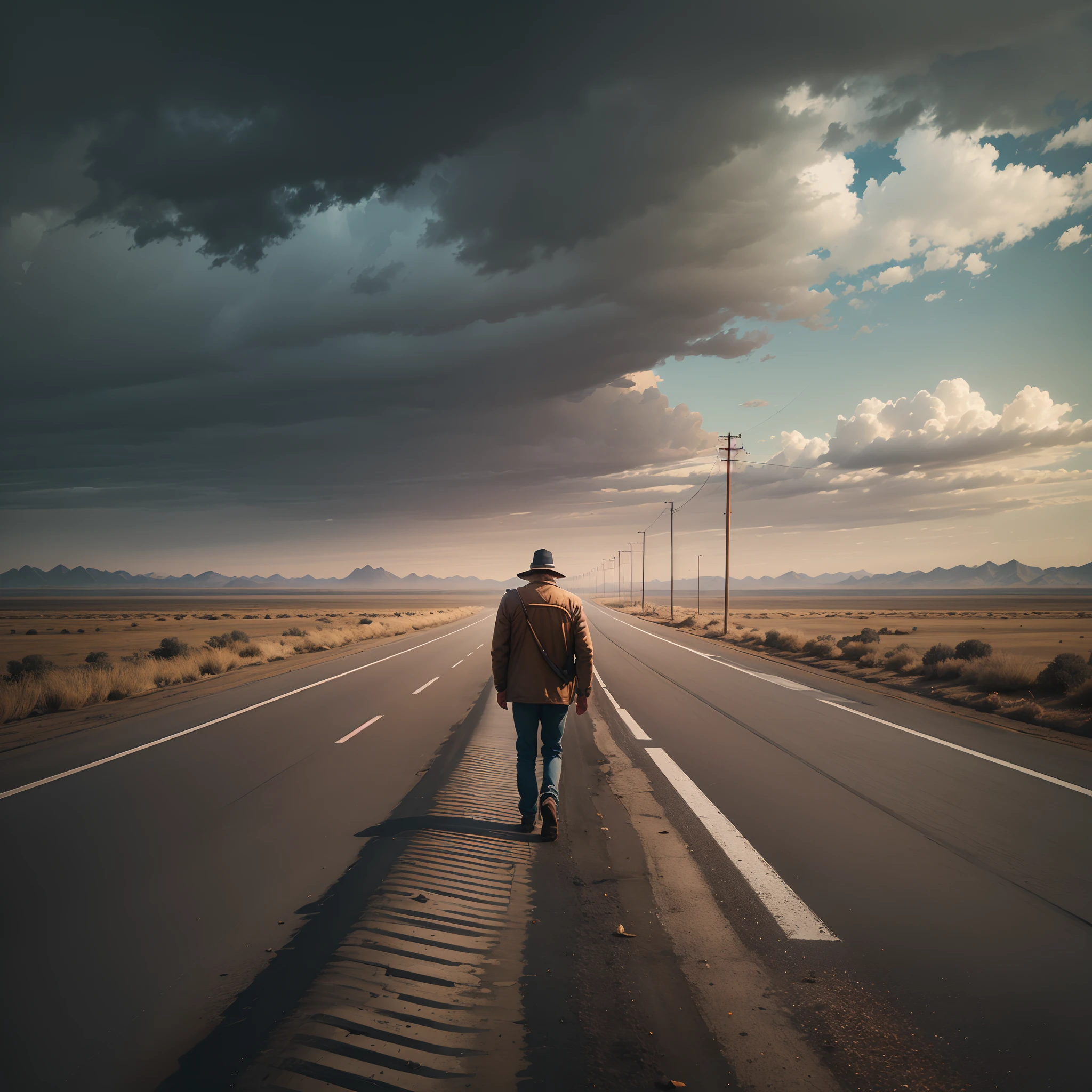 A man wanders on a desolate highway