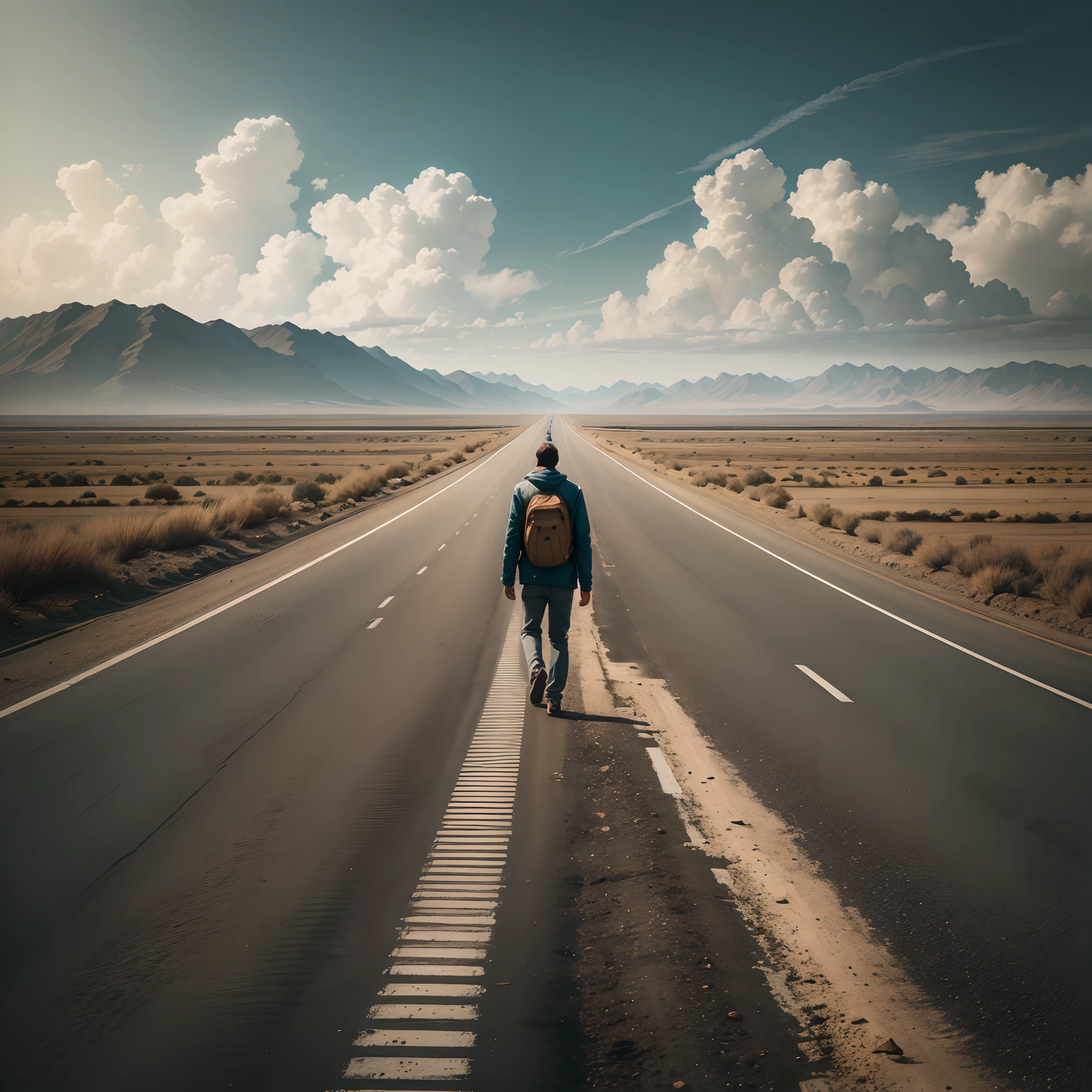 A man wanders on a desolate highway