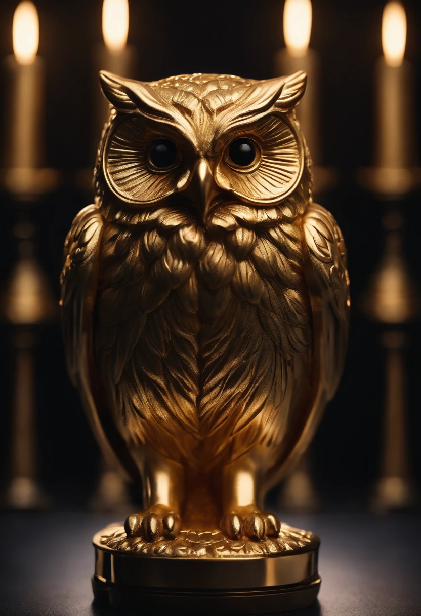 a golden statuette of a greek style statue owl bulb from greek mythology,8k dark background , Cinematic
