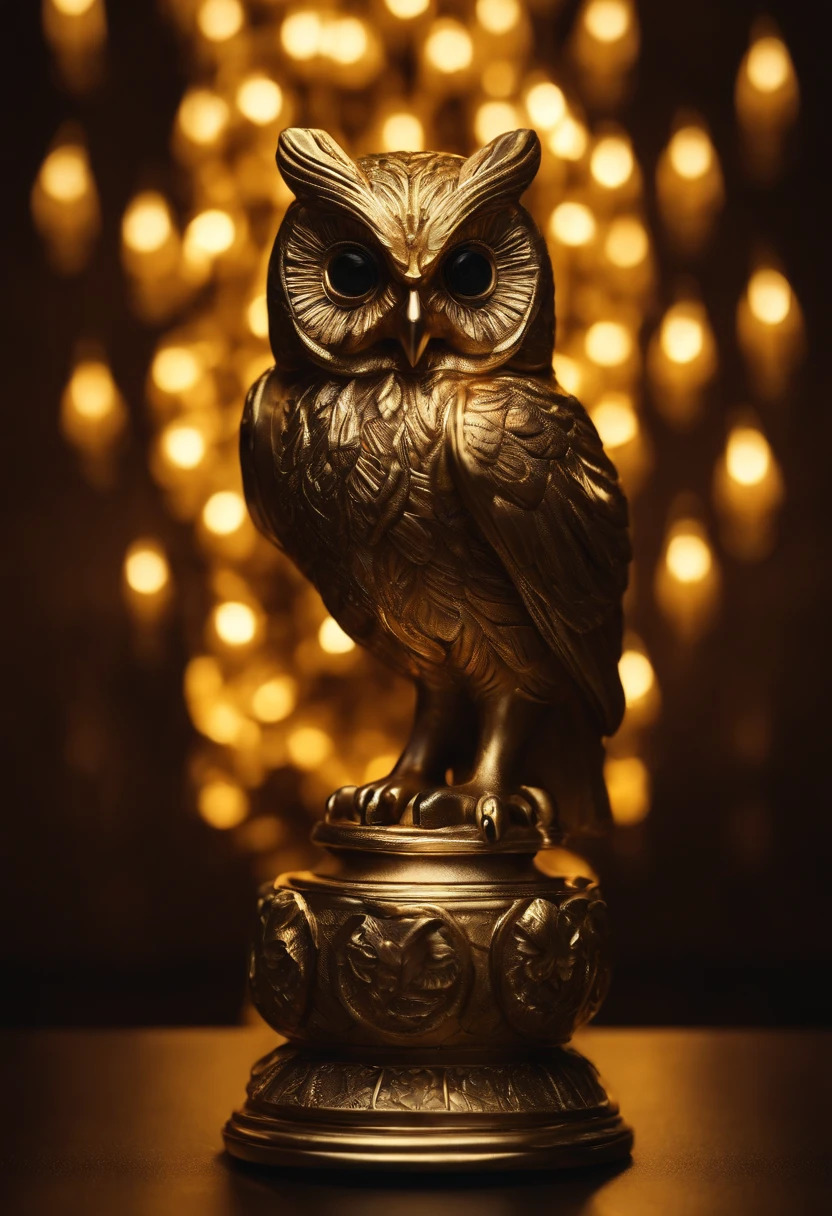 a golden statuette of a greek style statue owl bulb from greek mythology,8k dark background , Cinematic