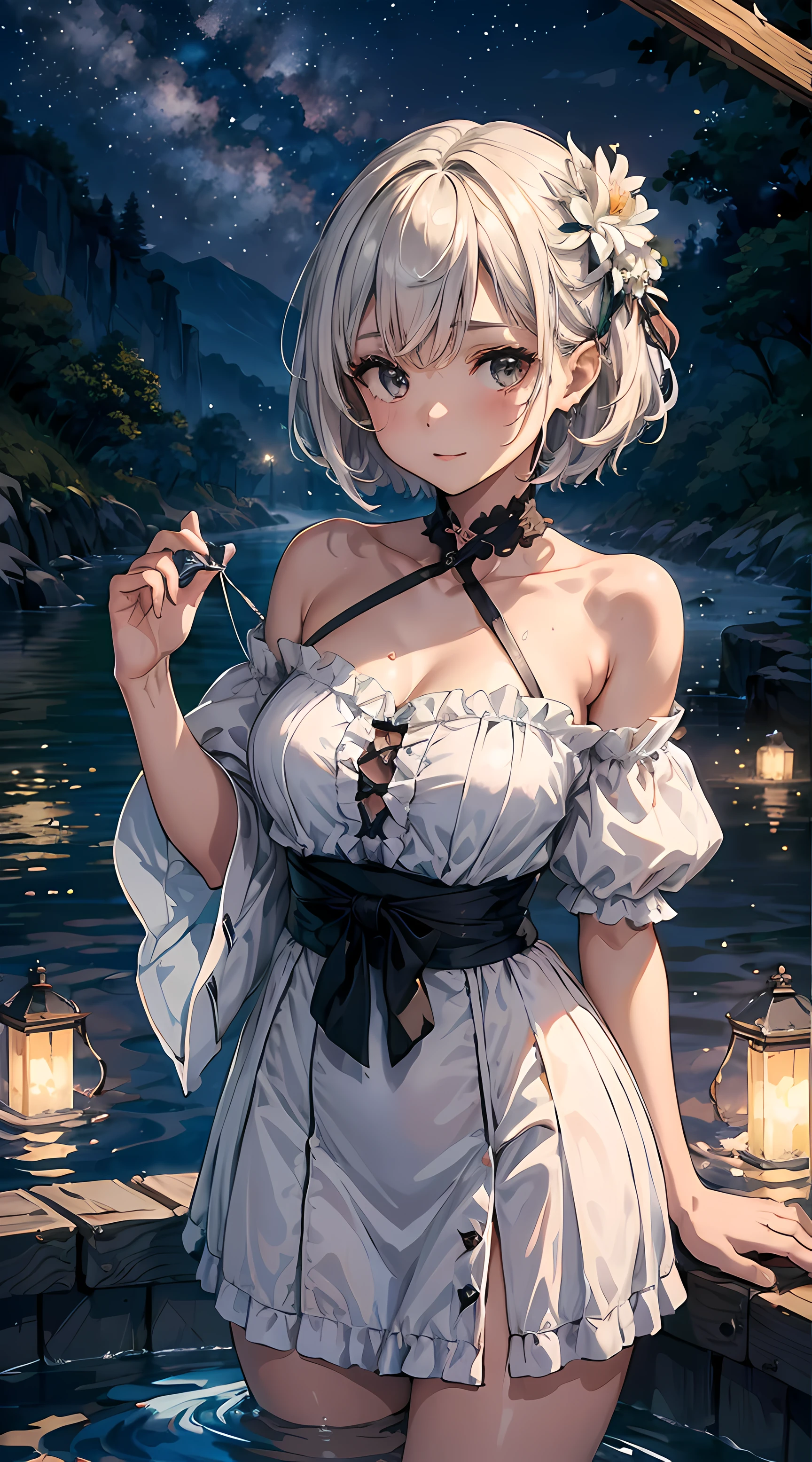 (Ultra Real), (Illustration), (High Resolution), (8K), (Very Detailed), (Best Illustration), (Beautiful Detailed Eyes), (Best Quality), (Super Detailed), (Masterpiece), (Wallpaper), (Detailed Face), Solo, (Dynamic Pose), One Girl, White Wavy Hair on the Boulevard, Losing Clothes, Japan Person, Iris Colored Eyes, (((Very Thin, Small and Short Night Dress)), Medium breasts, long legs, best ride of legs, wide waist, (without panties), (without bra)  