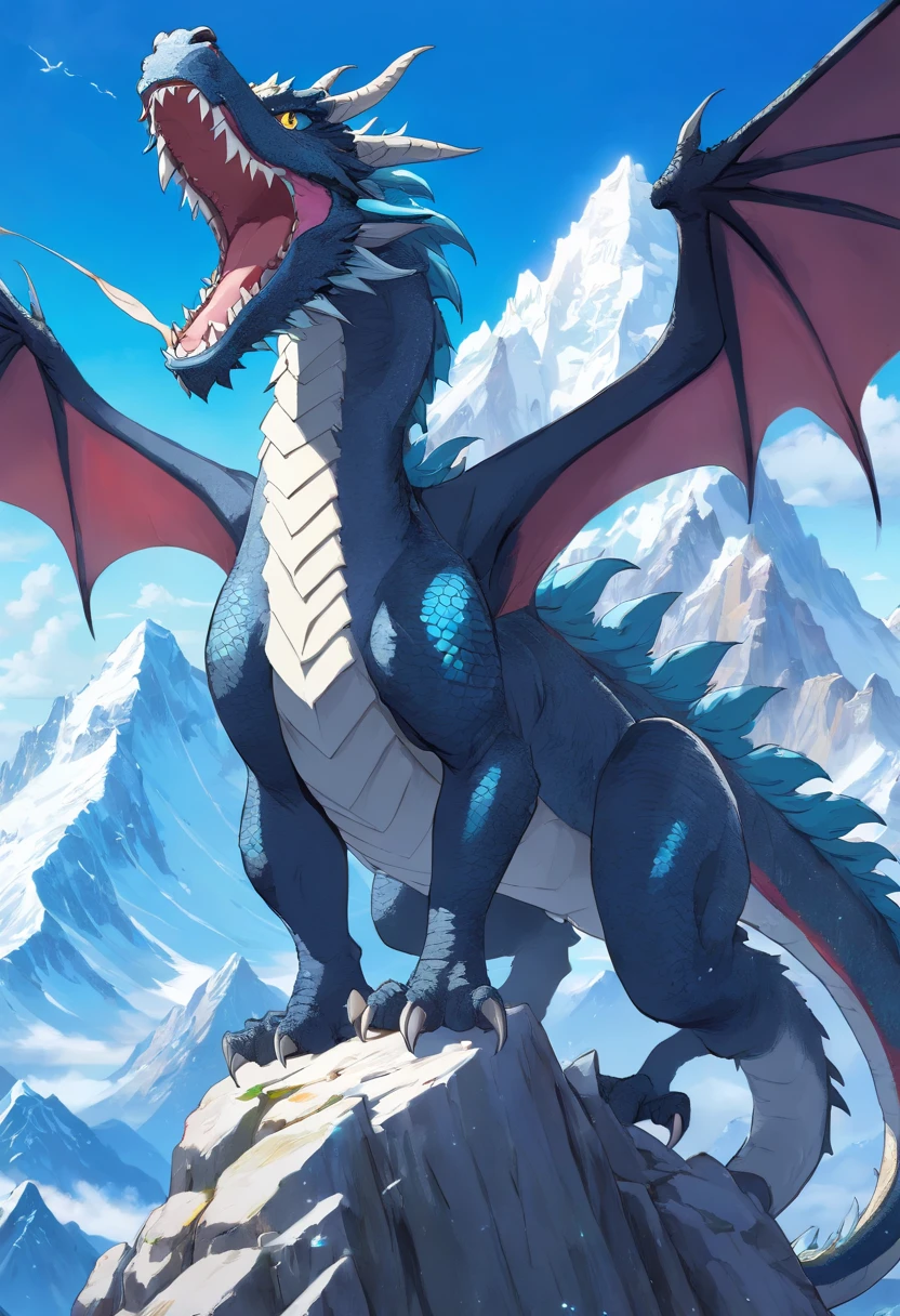 Draw a scene in which a fit man personifies a dragon. Focus on the man. His beautiful hair is black, short and spiky. He is wearing a silver full body armor. He is looking ahead with determination. On the back are spread mighty wings。His eyes sparkled with bright blue cyan eyes.、His gaze is full of strength and he is smiling.。He is standing on the summit of Mount Everest。He has hand was a long sword made of diamond. This scene is、Strength、knowledge、glamour、And symbolizing domination。Draw the charm and power of a male wind dragon personification。