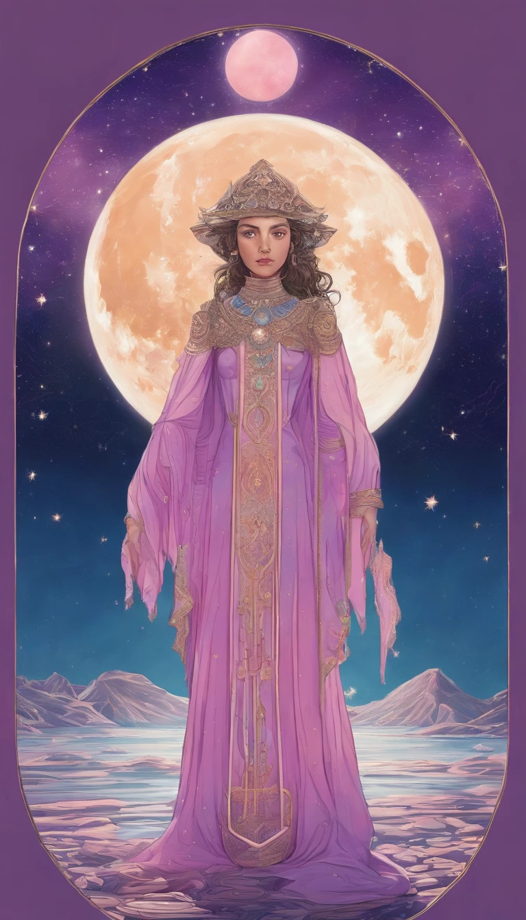 A distant cosmic being, standing with a pink cloak, below an inverted U-shaped portal. The feminine cosmic being with a SWARD on the watery ground in one hand and a LANTERN in the other hand, facing the portal and back to the screen, against a background of violet, blue, and purple, a sky full of stars, with a large, bright Full Moon.