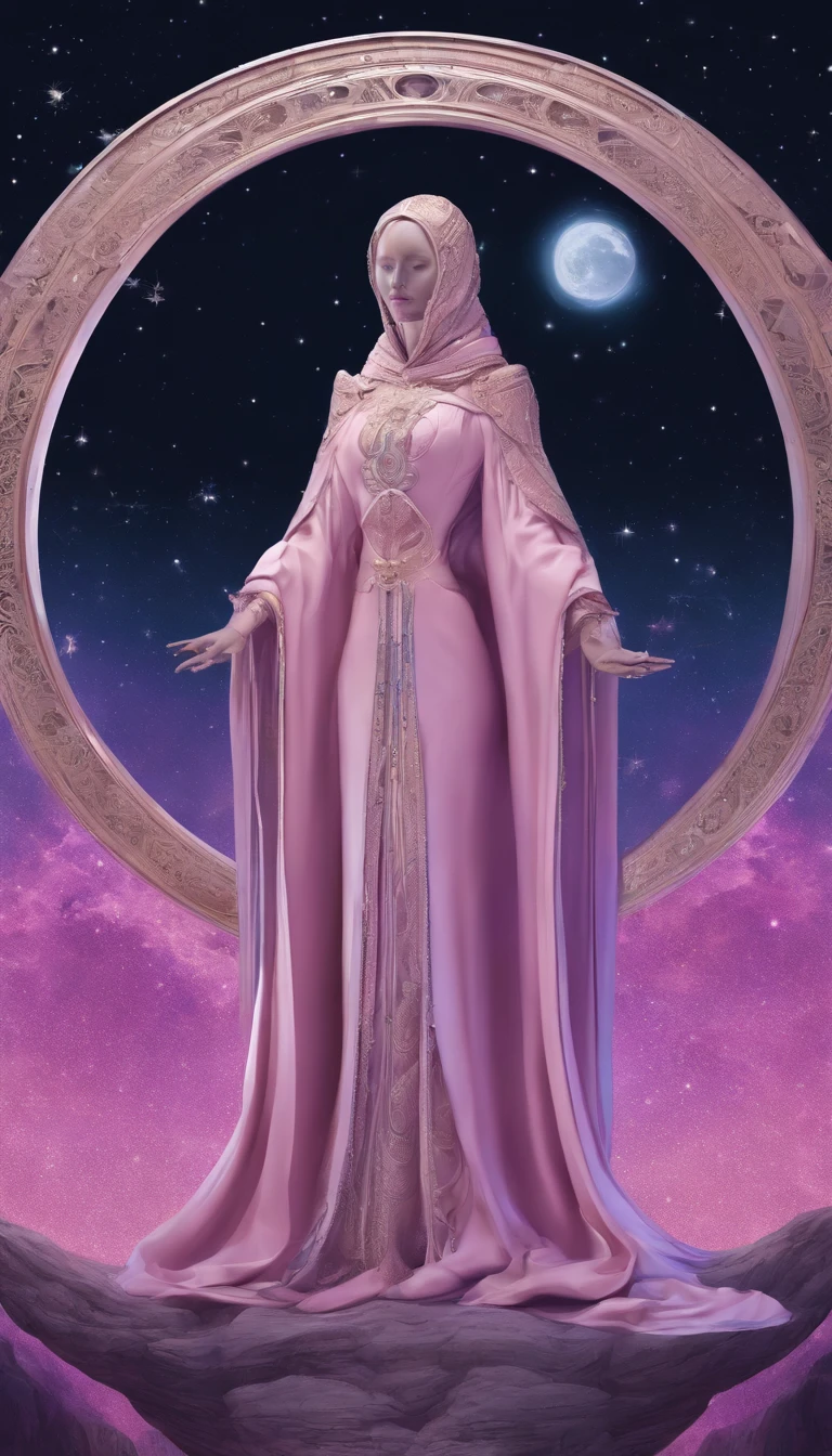A distant cosmic being, standing with a pink cloak, below an inverted U-shaped portal. The feminine cosmic being with a SWARD on the watery ground in one hand and a LANTERN in the other hand, facing the portal and back to the screen, against a background of violet, blue, and purple, a sky full of stars, with a large, bright Full Moon.