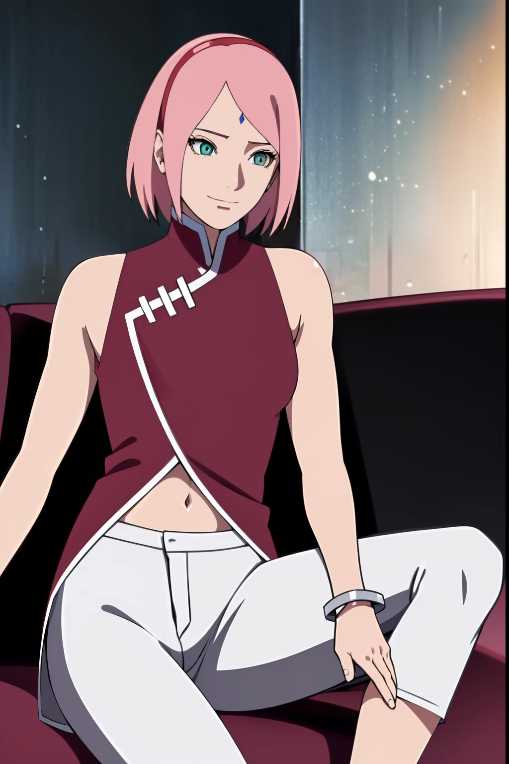 masterpiece, 4k, portrait, cowboy shot, (night), professional artwork, intricate details, colorful, digital blending, (ultra detailed body, ultra detail hair, ultra detail face), trending on pixiv, kind smile, best quality, anime style: 1.9, 1girl, hires, haruno sakura, (forehead mark, milf, red hairband, pale skin, (small breasts), short hair, ((red sleeveless dress,), white pants), (navel, belly button, slender body, slender belly, bracelet, pink hair, closed mouth, big eyes), smile, beach, wind, floating hair, detailed arms, off-shoulders, broad shoulders, (slightly muscular arms, slightly strong biceps), armpit on couch, rips, , fancy couch, relaxing, (hand leaning on couch, laying)