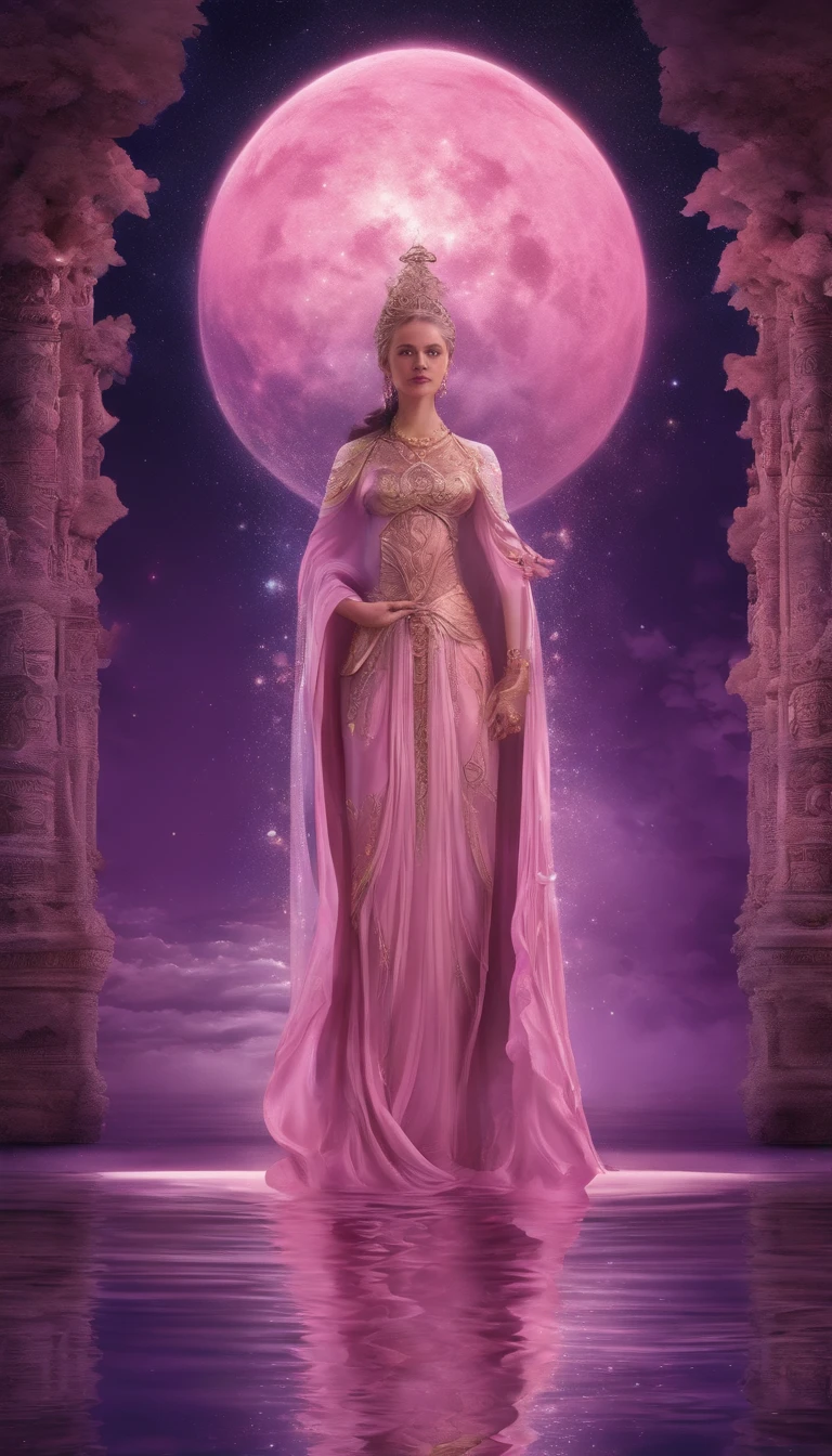 A distant cosmic being, Standing in a pink robe, abaixo de um portal em forma de U invertido. The female cosmic being with A SWORD TOUCHING the water ground in one hand and a LIT LANTERN in the other hand, de frente para o portal e de volta para a tela, contra um fundo de violeta, azul, e roxo, A sky full of stars, com um grande, Lua Cheia Brilhante.