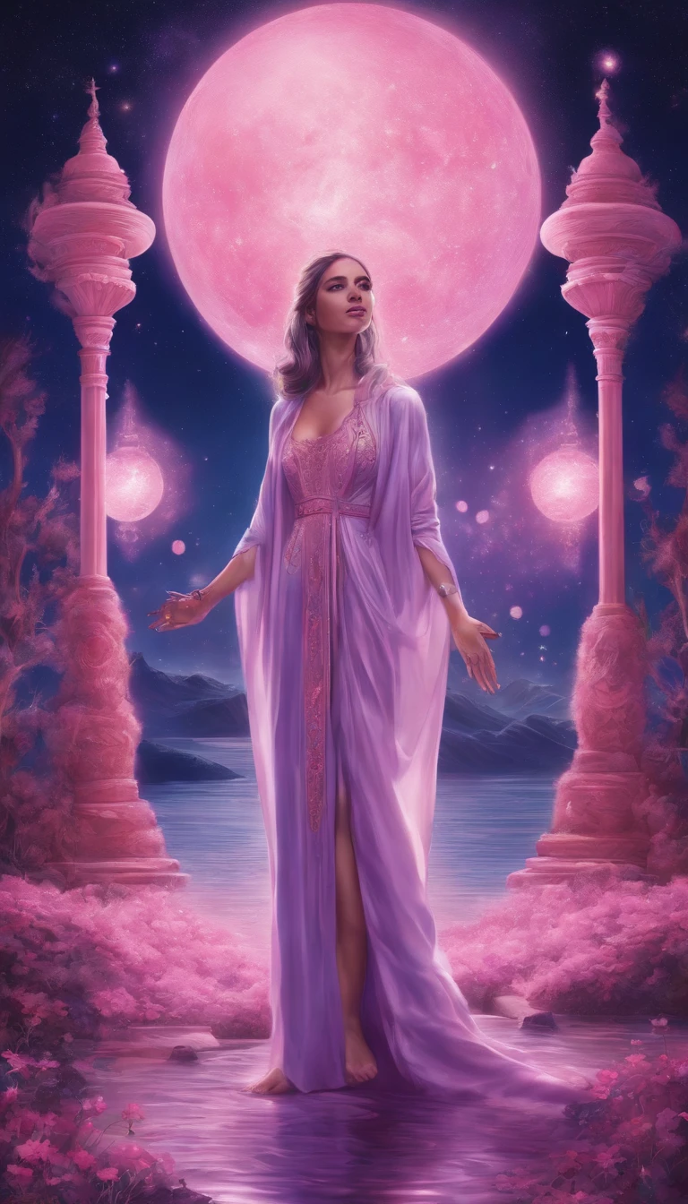 A distant cosmic being, Standing in a pink robe, abaixo de um portal em forma de U invertido. The female cosmic being with A SWORD TOUCHING the water ground in one hand and a LIT LANTERN in the other hand, de frente para o portal e de volta para a tela, contra um fundo de violeta, azul, e roxo, A sky full of stars, com um grande, Lua Cheia Brilhante.