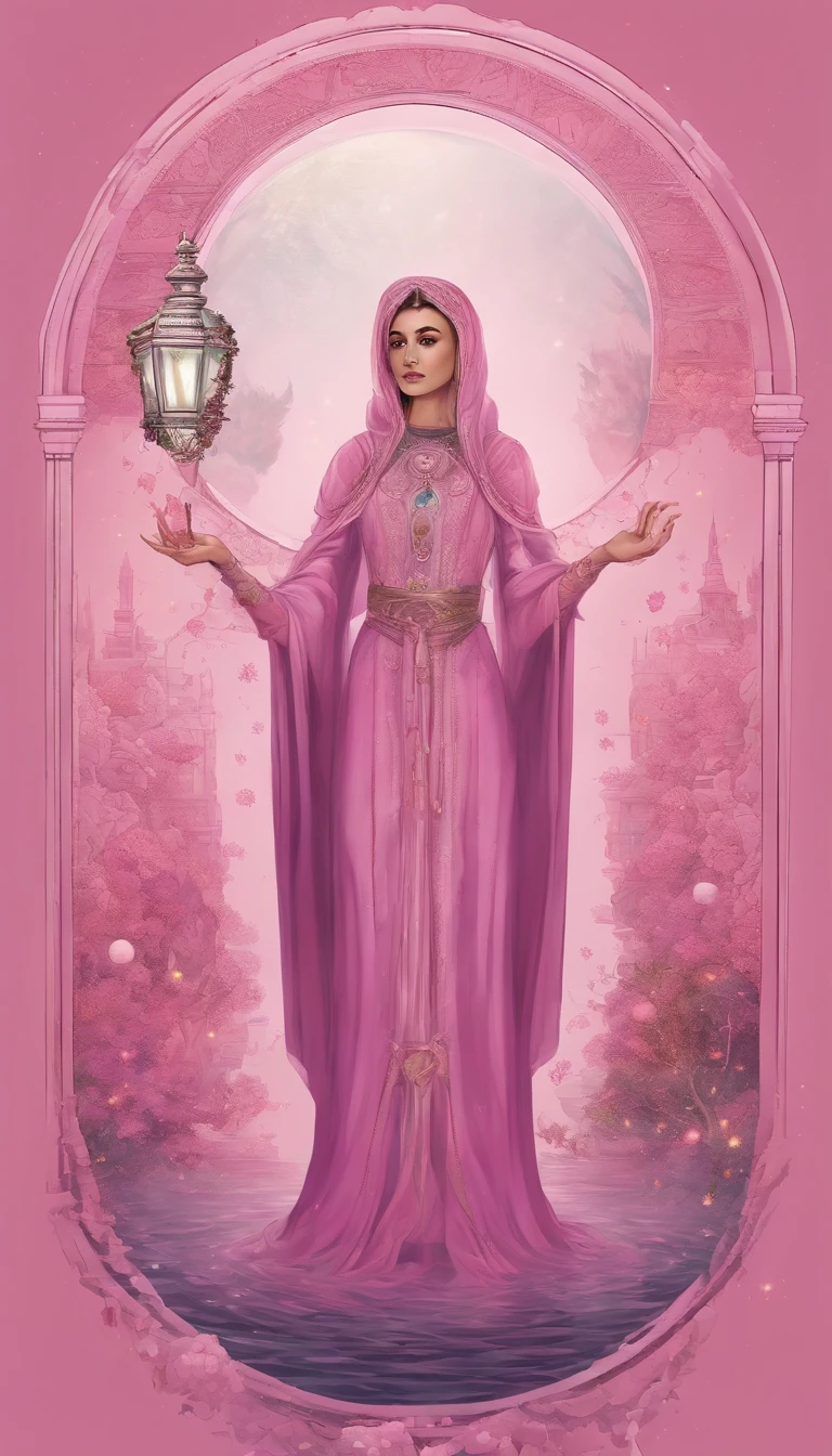 A distant cosmic being, Standing in a pink robe, abaixo de um portal em forma de U invertido. The female cosmic being with A SWORD TOUCHING the water ground in one hand and a LIT LANTERN in the other hand, de frente para o portal e de volta para a tela, contra um fundo de violeta, azul, e roxo, A sky full of stars, com um grande, Lua Cheia Brilhante.