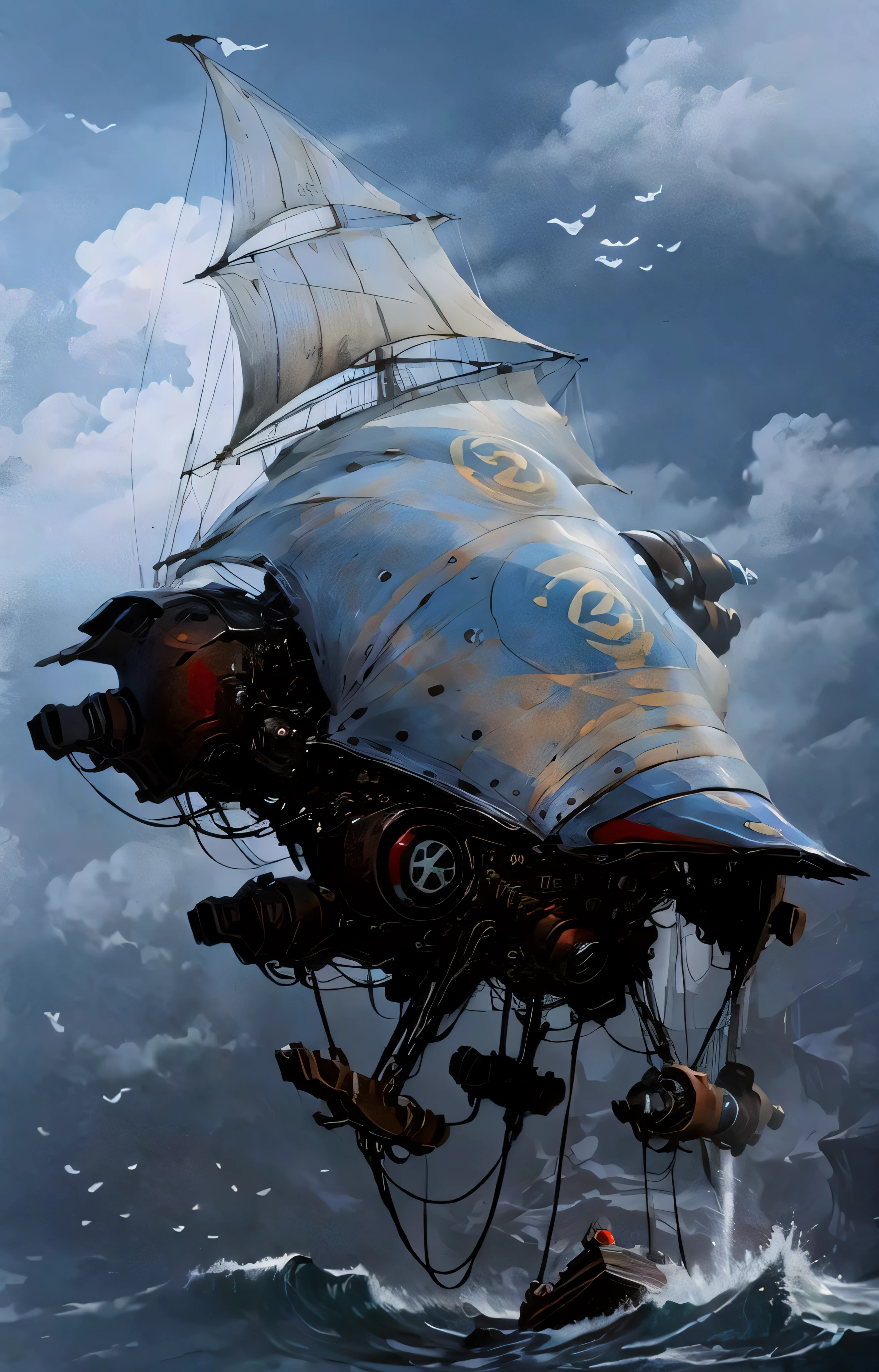 Super velero futurista, con casco blanco, It has a multitude of sails and is flying among the multicolored clouds and while down in a very rough sea huge threatening waves crash against the cliffs