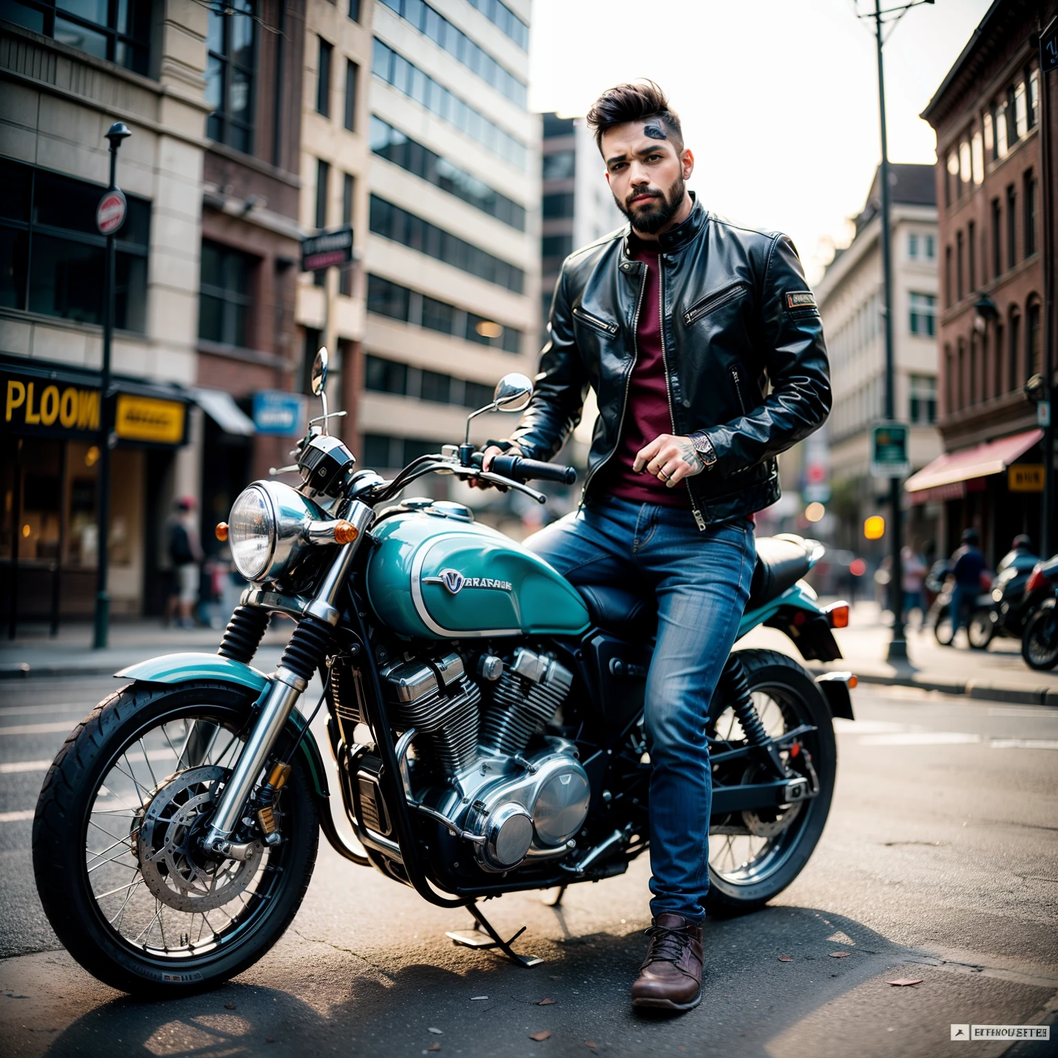 Homem com tatuagens, barba, ruivo, roupa de motoqueiro, moto de fundo, Making jewelry for the photo