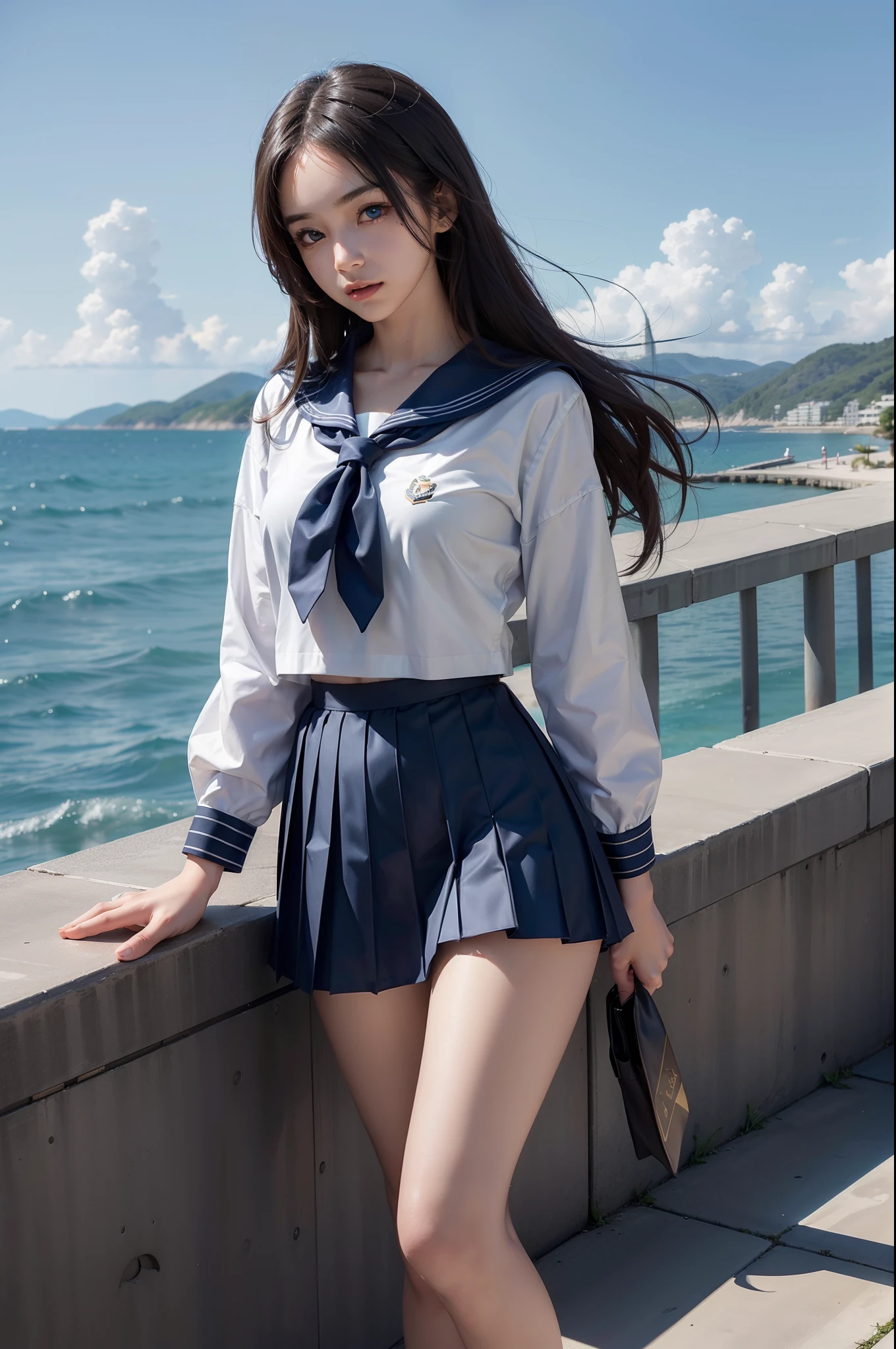 (((nffsw))), (((masutepiece))), (((8K))), (((hight resolution))), (((photographrealistic))), god rays, Zoom Layer, (((FULL BODYSHOT))), F/4.0, canon, Shiny skin,Detailed skin,Detailed face, Detailed eyes,  girl on the Big Divine Bird, The fantastic scenery beautiful face, beautiful eyes, twin black tails standing upright, with slanted blue eyes, enhanced sailor uniform made of special material, pleated skirt fluttering in the wind