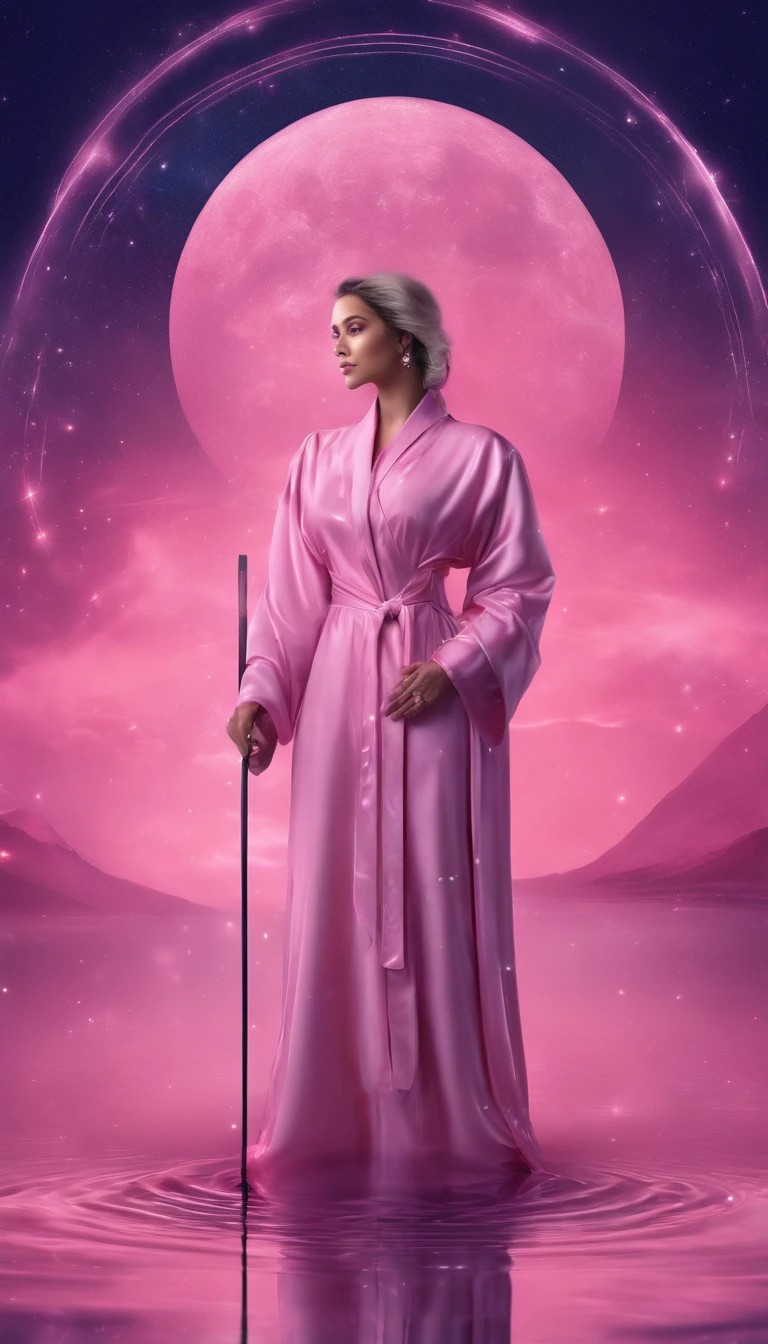 A distant cosmic being, Standing in a pink robe, abaixo de um portal. The female cosmic being with uM stick touching the water ground in one hand and a FLASHLIGHT in the other hand, de frente para o portal e de volta para a tela, contra um fundo de violeta, azul, e roxo, A sky full of stars, com um grande, Lua Cheia Brilhante.