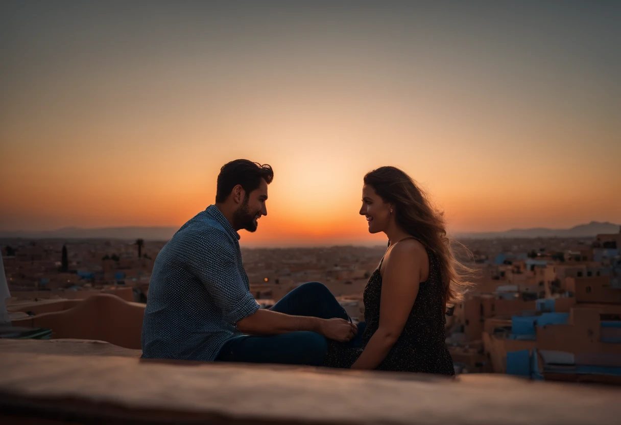 (Fujifilm XT3 35mm), photo of (one man) and (one woman) together, thin Moroccan male, curvy Caucasian white female, looking at eachother, with bright eyes, riad rooftop, Marrakech sunset view, under the stars, glimmering lights, Amazigh pillows, true love, romantic, soulmate, detailed, 8k uhd, dslr, high quality, film grain, (sharp focus:1.1)