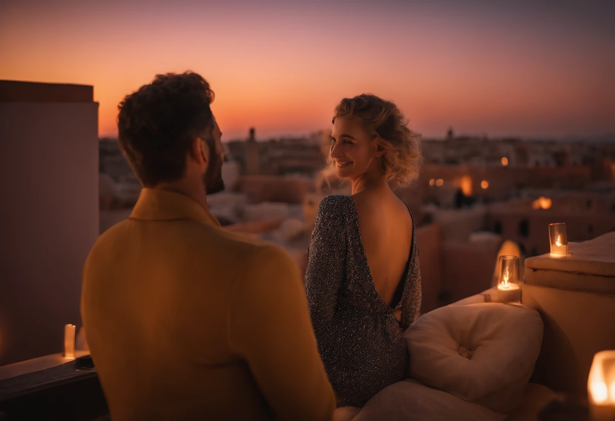 (Fujifilm XT3 35mm), photo of (one man) and (one woman) together, thin Moroccan male, curvy Caucasian white female, looking at eachother, with bright eyes, riad rooftop, Marrakech sunset view, under the stars, glimmering lights, Amazigh pillows, true love, romantic, soulmate, detailed, 8k uhd, dslr, high quality, film grain, (sharp focus:1.1)