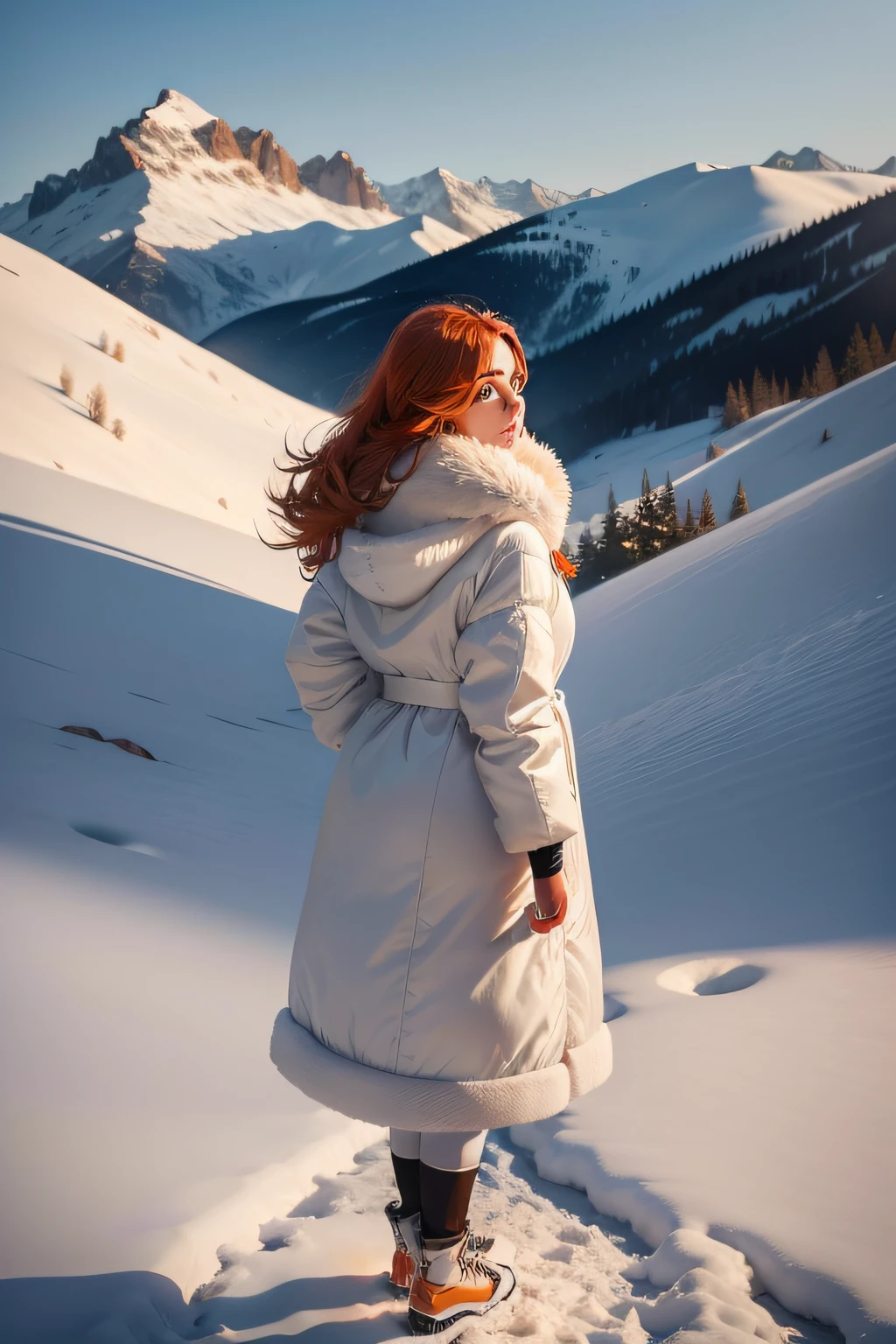 Dilara Toprak, beautiful Turkish girl, standing on a snow mountain, looking away at beautiful snow view, turned back against camera, face looking away at beautiful snow mountains, wearing white fur coat, blue dominant coloring, Turkish face features, light hair, a stunning realistic photograph 20 years, full body wide image, orange colored hair, brown eyes, real life human, ultra realistic