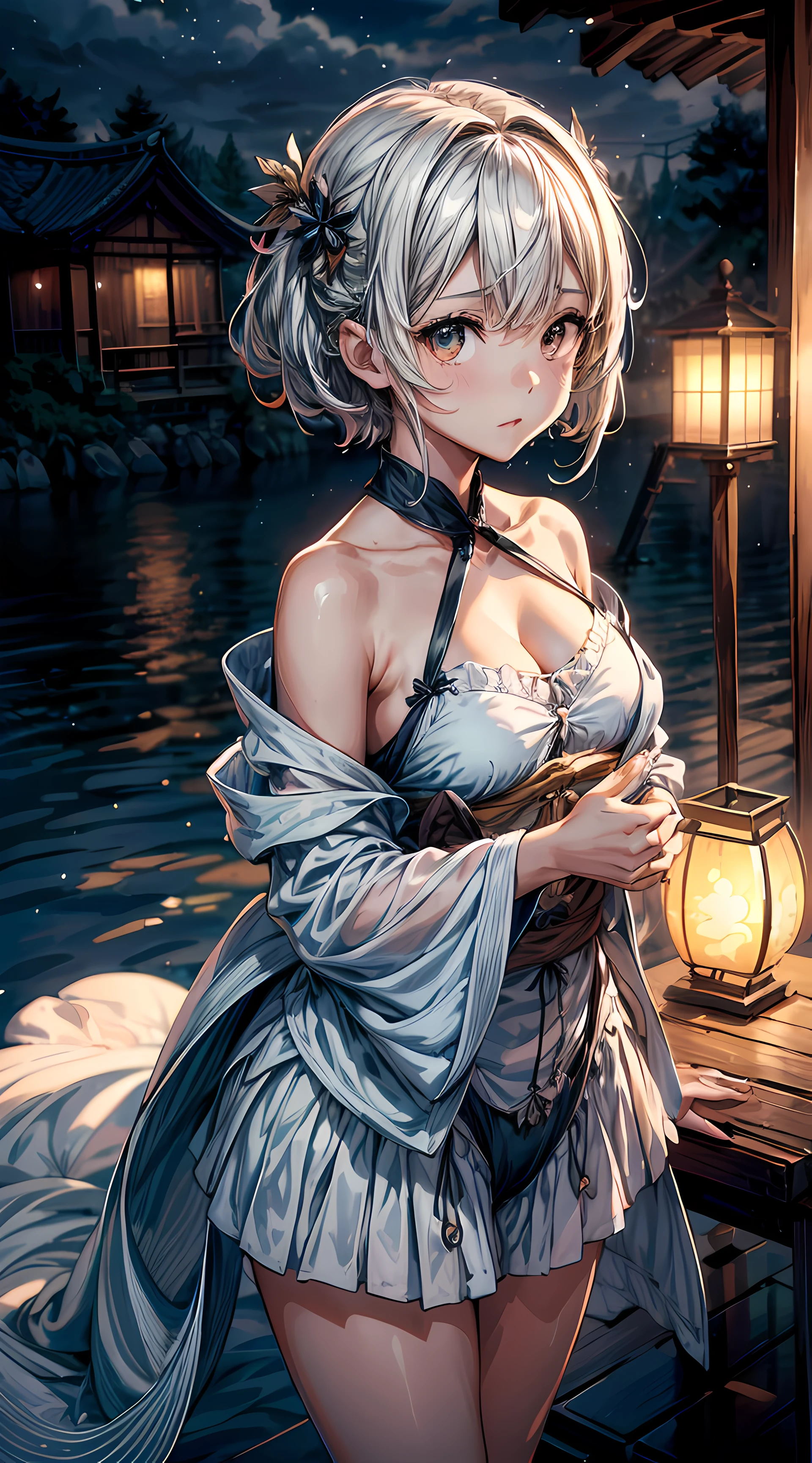 (RAW shooting, Photoreal:1.5, 8K, highest quality, masterpiece, ultra high resolution), (((heavy snow))), Highly detailed skin and facial textures:1.2, perfect dynamic composition:1.2, (In front of a shrine at night in a modern city, expression of sadness:0.9, Tears are flowing:0.9, cry with a broken heart:0.9), Slim office lady wet in the rain:1.3, cowboy shot, Fair skin:1.2, sexy beauty:1.1, perfect style:1.2, beautiful and aesthetic:1.1, very beautiful face:1.2, water droplets on the skin, (rain drips all over my body:1.2, wet body:1.2, wet hair:1.3), (Holding a large wet bouquet of lilies:1.2, Wearing a wet silver kimono correctly:1.35), (Medium chest, Bra see-through, Chest gap), Eyes that feel beautiful eros:0.9, Too erotic:0.9, Bewitching:0.9, necklace, earrings, bracelet, wedding ring, Highly detailed hand and finger expressions