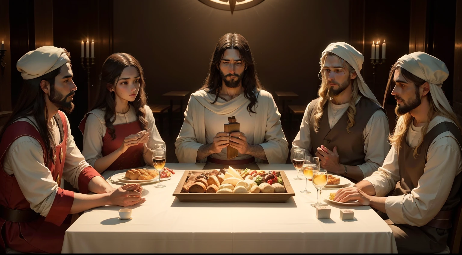Create a high-definition visual representation of Jesus Christ and his apostles in a scene that captures the Last Supper. Jesus is at the center of the image, sitting on table, com um semblante sereno e amoroso. His apostles are arrayed around him, each with unique expressions that reflect their personality and relationship with Jesus. The lighting of the scene should be soft, highlighting the features of each person and creating a solemn atmosphere.

As vestimentas devem ser detalhadas, with fabrics and colors that convey the time and the reverence of the moment. The table must be set with elements that represent the Last Supper, like bread and wine. O fundo da cena pode ser um interior acolhedor e iluminado, que acentua a espiritualidade do momento.

Be sure to capture the spiritual connection between Jesus and his apostles and convey the importance of this event in Christian history. This image should reflect faith, the devotion and depth of the relationship between Jesus and his followers.