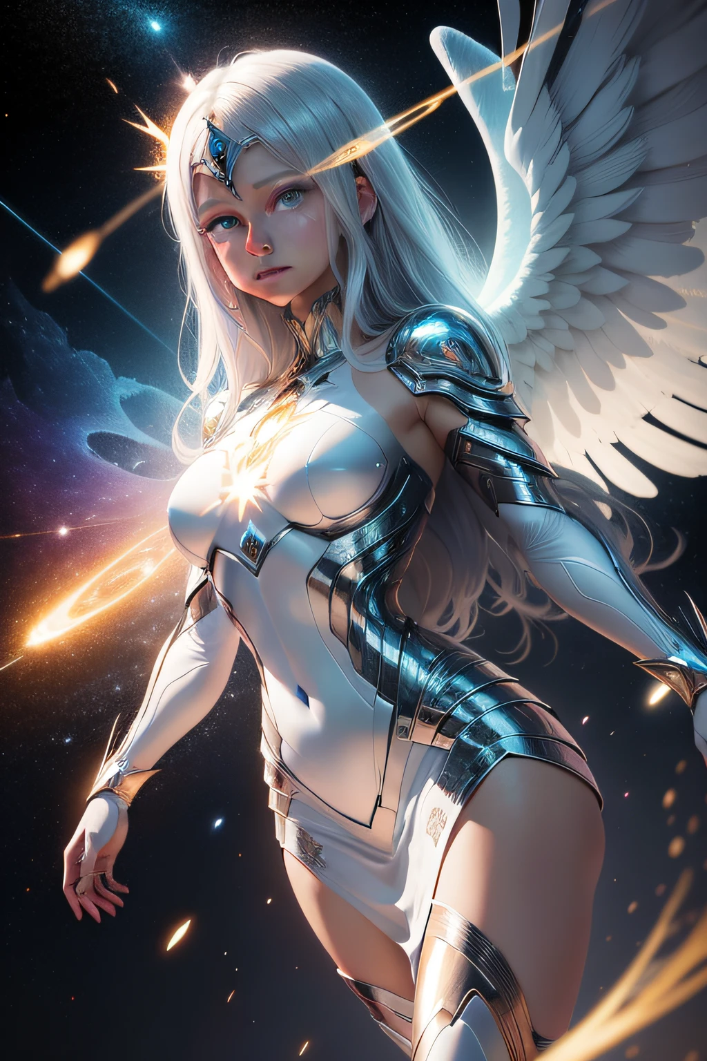 ruined city, beautiful busty cyberpunk angel woman, highly detailed, intricate, cinematic lighting, volumetric lighting, dramatic shadows, realistic skin, long braided blonde hair, azure eyes, white and gold leather revealing dress, hyper detailed face, delicate facial features, elegant pose, flowing angelic dress, detailed feathered wings, gritty dystopian environment, debris and rubble, moody dark color palette, chiaroscuro lighting, photorealistic, 8K