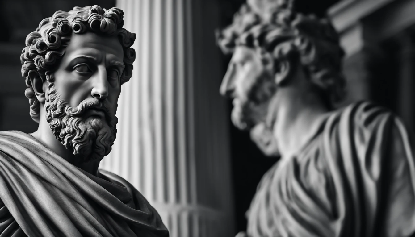 a portrait statue of the stoic Marcus Aurelius in black and white 4K,Face de lado, papel de parede super realista