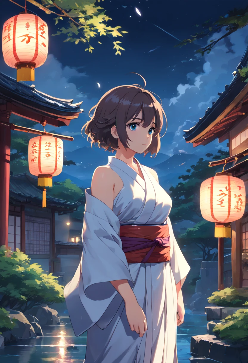 1girl in, breastsout, 。.lua, lanthanum, natta, soio, large full breasts, hair adornments, Wet, kimono, Japanese dress, Wade, Water, flower in hair, florals, outside of house, Heaven, Take the key, Sateen, A dark-haired, Off the shoulders, mont, cloud, property, tape, bare shoulders, Paper Lanterner, Standing, White kimono, nigh sky, lateral, Obi, Wet Clothes, fringe, tree, across, reflection, Short hair, Cloudy sky, wetting hair (((Master Parts),(highly detailed CG unit 8k wallpaper),Best Quality,,soio,1girl in,Cinematic lighting,细致背景,beatiful detailed eyes,Bright pupils, (extremely delicate and beautiful),(Beautiful and detailed eyes description), ultra-detailliert,Master Parts,))