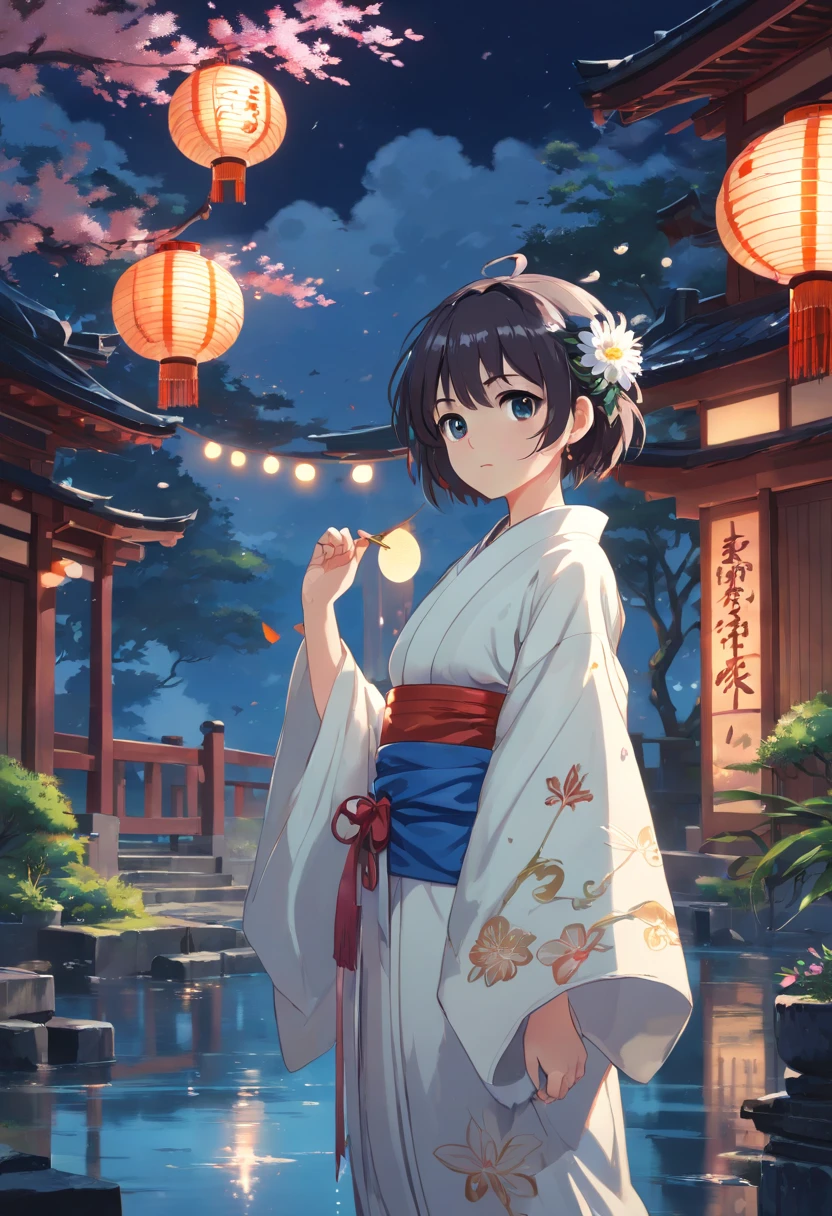 1girl in, breastsout, 。.lua, lanthanum, natta, soio, large full breasts, hair adornments, Wet, kimono, Japanese dress, Wade, Water, flower in hair, florals, outside of house, Heaven, Take the key, Sateen, A dark-haired, Off the shoulders, mont, cloud, property, tape, bare shoulders, Paper Lanterner, Standing, White kimono, nigh sky, lateral, Obi, Wet Clothes, fringe, tree, across, reflection, Short hair, Cloudy sky, wetting hair (((Master Parts),(highly detailed CG unit 8k wallpaper),Best Quality,,soio,1girl in,Cinematic lighting,细致背景,beatiful detailed eyes,Bright pupils, (extremely delicate and beautiful),(Beautiful and detailed eyes description), ultra-detailliert,Master Parts,))