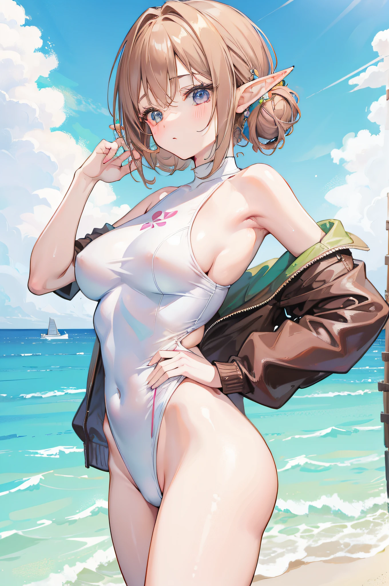 1 girl, pastel colours, brown-hair, hair up to the shoulders, elf ears, tight split swimsuit, Beach, Huge-breasts, small girl, confusion, Large thighs