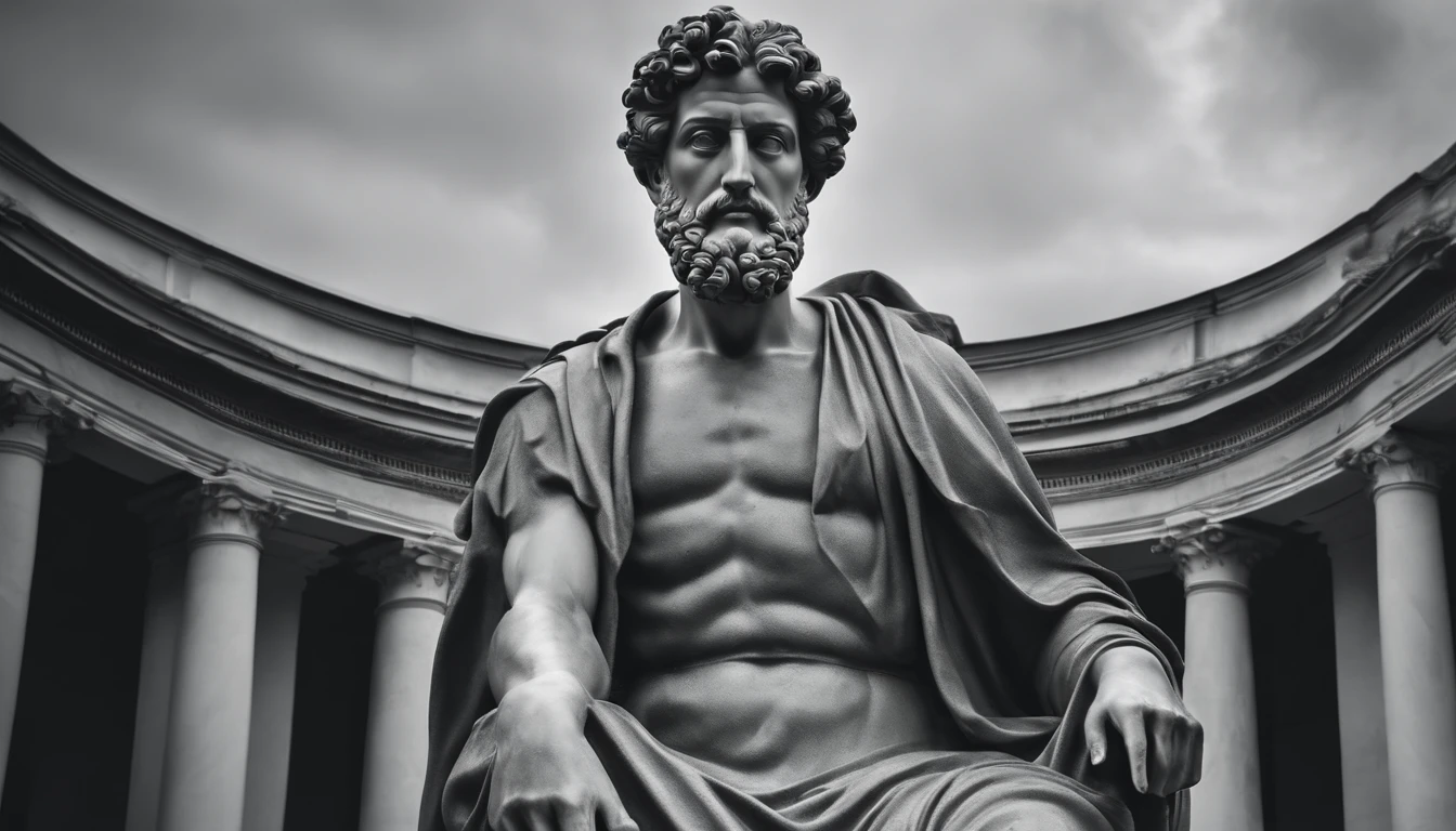 a portrait statue of the stoic Marcus Aurelius in black and white 4K,Face de lado, papel de parede super realista