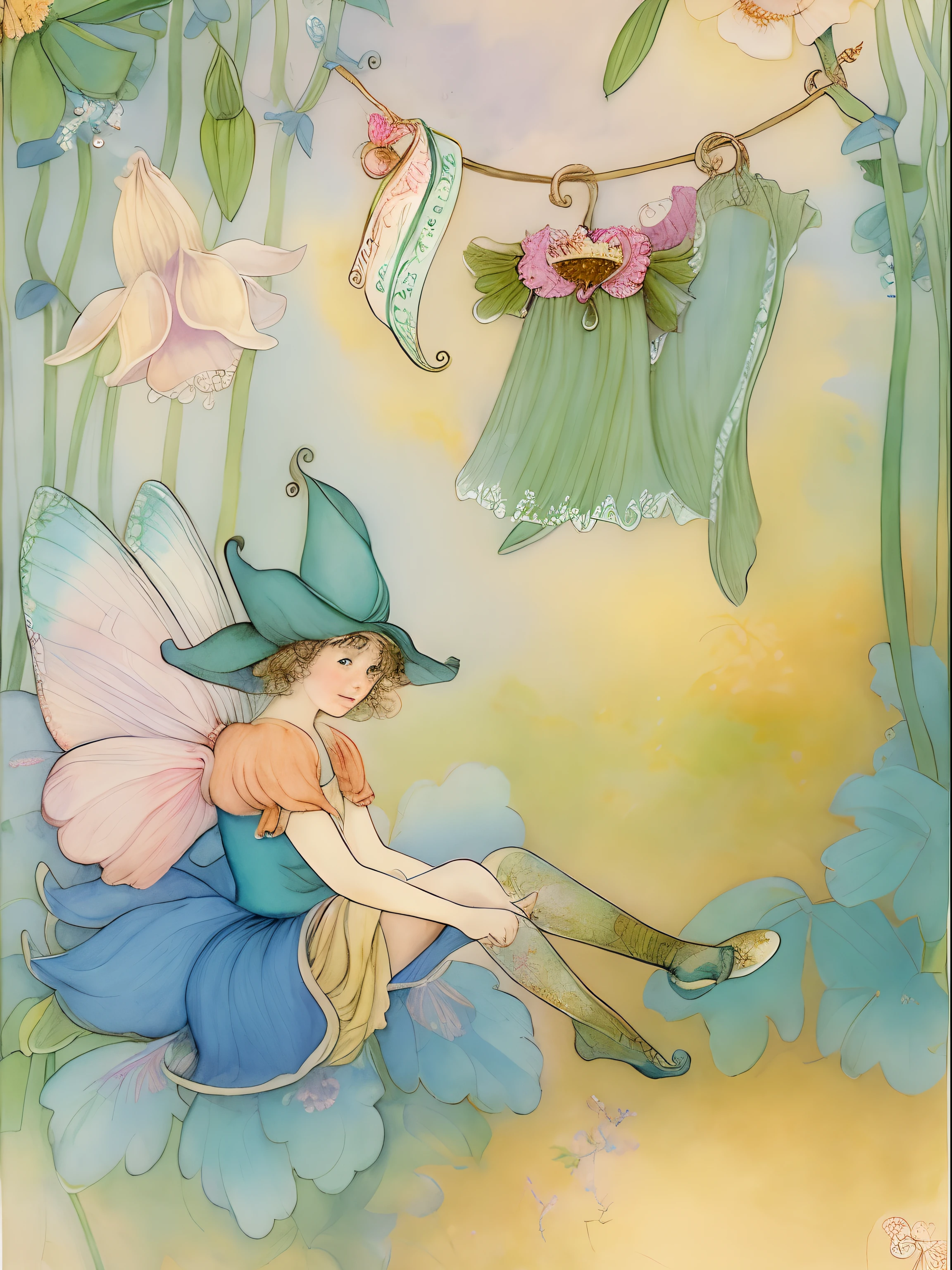 There is a fairy sitting on a flower with a fairy hat, inspirado em Ida Rentoul Outhwaite, Maio Gibbs, fada, full-colour illustration, elfa vestindo um terno da flor, Fada, Fadas e tesouras, Fadas, Directed by: Ida Rentoul Outhwaite, Directed by: Cicely Mary Barker, inspirado em Cicely Mary Barker, storybook illustration