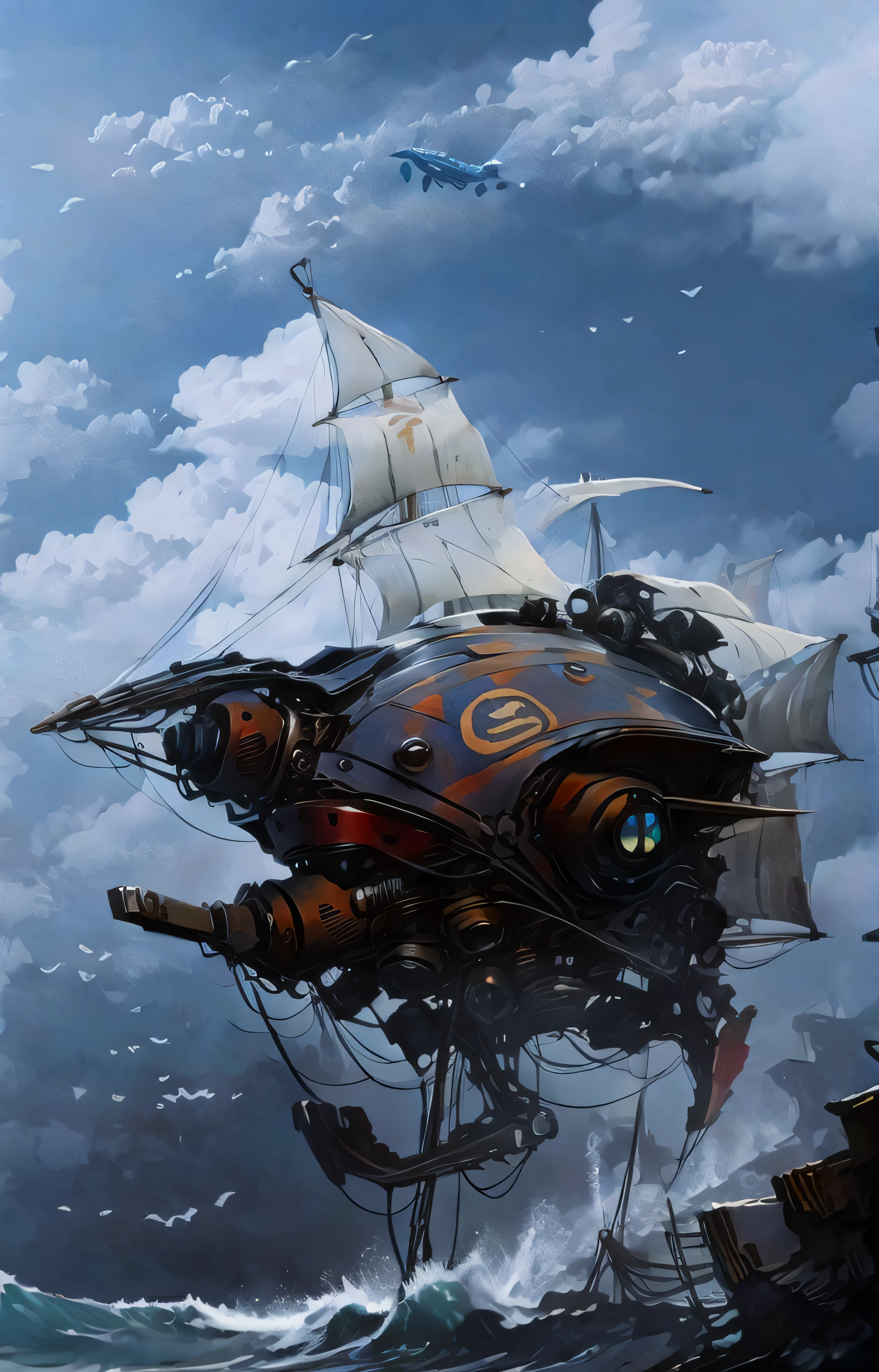 Super velero futurista, con casco blanco, It has a multitude of sails and is flying among the multicolored clouds and while down in a very rough sea huge threatening waves crash against the cliffs