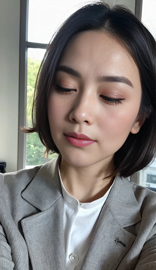 masterpiece,best quality, (1 milf), ((close up:0.5)), ((cross arms)), glare, gray blazer, white shirt, double eyelid, eyelash, lip gloss, (suspicion face:1), ((close eyes:0.85)), ((Looking at the Viewer)), RAW, (from below:1), ((nobody)), office,