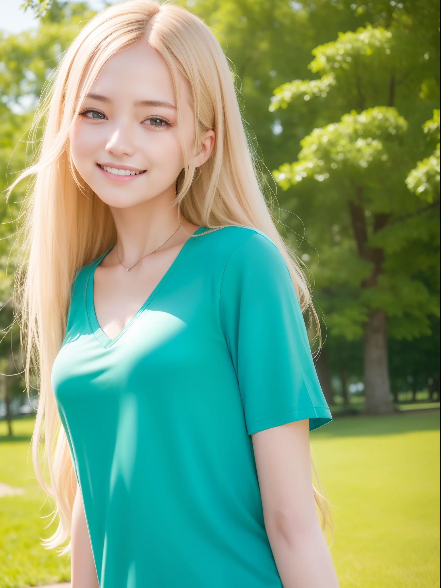 highest quality, figure, Ultra-detailed, finely, High resolution, 8K Wallpaper, 完璧なダイナミックな構figure, ((Sexy pose)), Beautiful Skin, (Big Eyes), 20 year old beautiful girl, Natural color lip, Mid chest, smile, Highly detailed face and skin texture, Detailed eyes, Double eyelid,leaking teeth and laughing, close-up, profile, Blonde medium hair, (Green dress:1.2), Tree-lined street