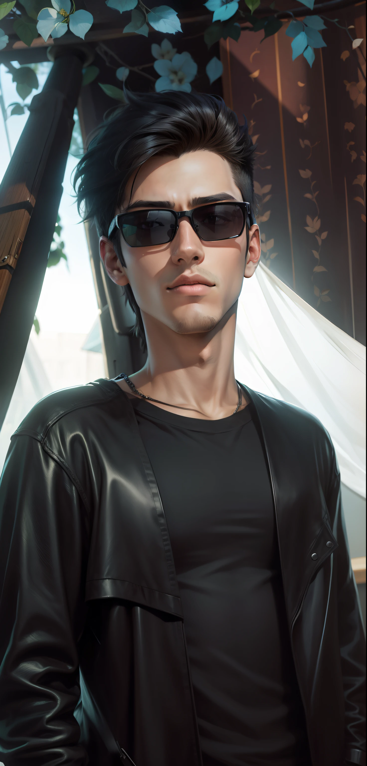 Anime.realistic .with black sunglasses.cute boy.