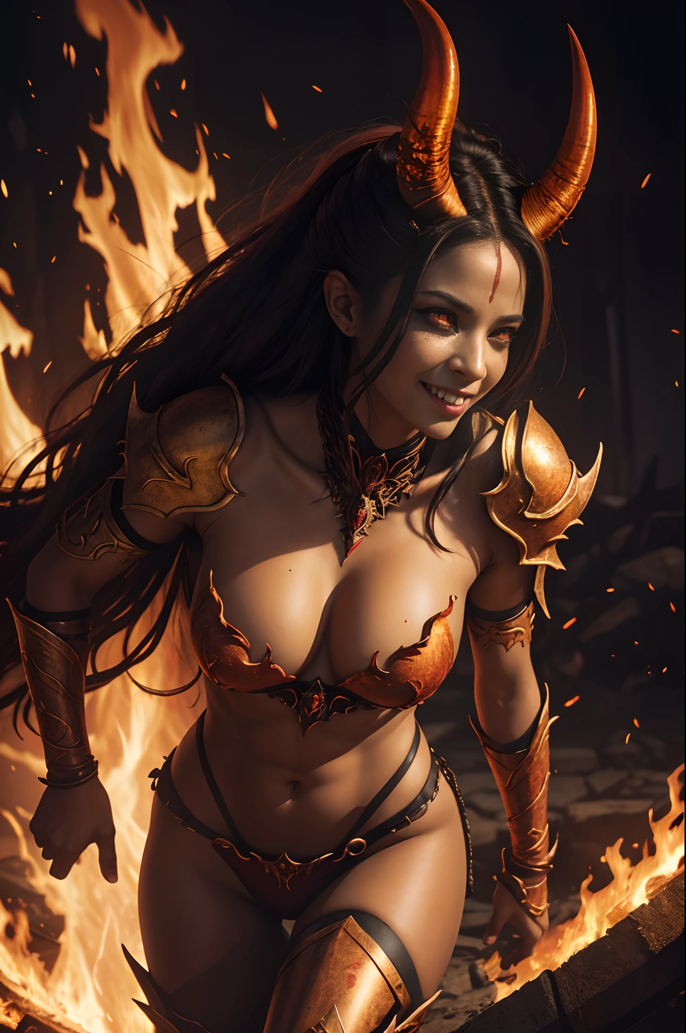 Beautiful mature female demon, horns, tail, cruel smile, red skin, sexy fetish armor, wreathed in fire, (fiery eyes:1.2), temptation, taking your soul, hellscape background, tortured souls, hordes of hell in the distance, (masterpiece), (photorealistic:1.4), RAW photo, best quality, high res, rich colors, backlight, bright sunlight, cinematic lighting, film grain, raw photo, 50mm lens, Nikon D850, warm colors