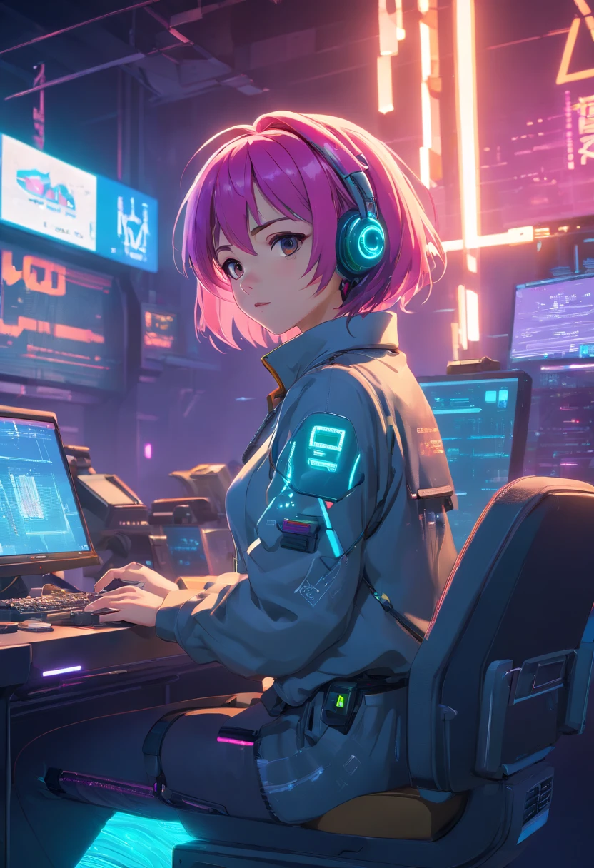 Girl, fade cut hair, neon colored hair, best pose((Best quality)), ((masterpiece)), (highly detailed:1.3), 3D, beautiful (cyberpunk:1.3) female hacker with thick voluminous hair operating a computer terminal, computer servers, LCD screens, fibre optic cables, corporate logos,HDR (High Dynamic Range),Ray Tracing,NVIDIA RTX,Super-Resolution,Unreal 5,Subsurface scattering,PBR Texturing,Post-processing,Anisotropic Filtering,Depth-of-field,Maximum clarity and sharpness,Multi-layered textures,Albedo and Specular maps,Surface shading,Accurate simulation of light-material interaction,Perfect proportions,Octane Render,Two-tone lighting,Low ISO,White balance,Rule of thirds,Wide aperature,8K RAW,Efficient Sub-Pixel,sub-pixel convolution,luminescent particles,