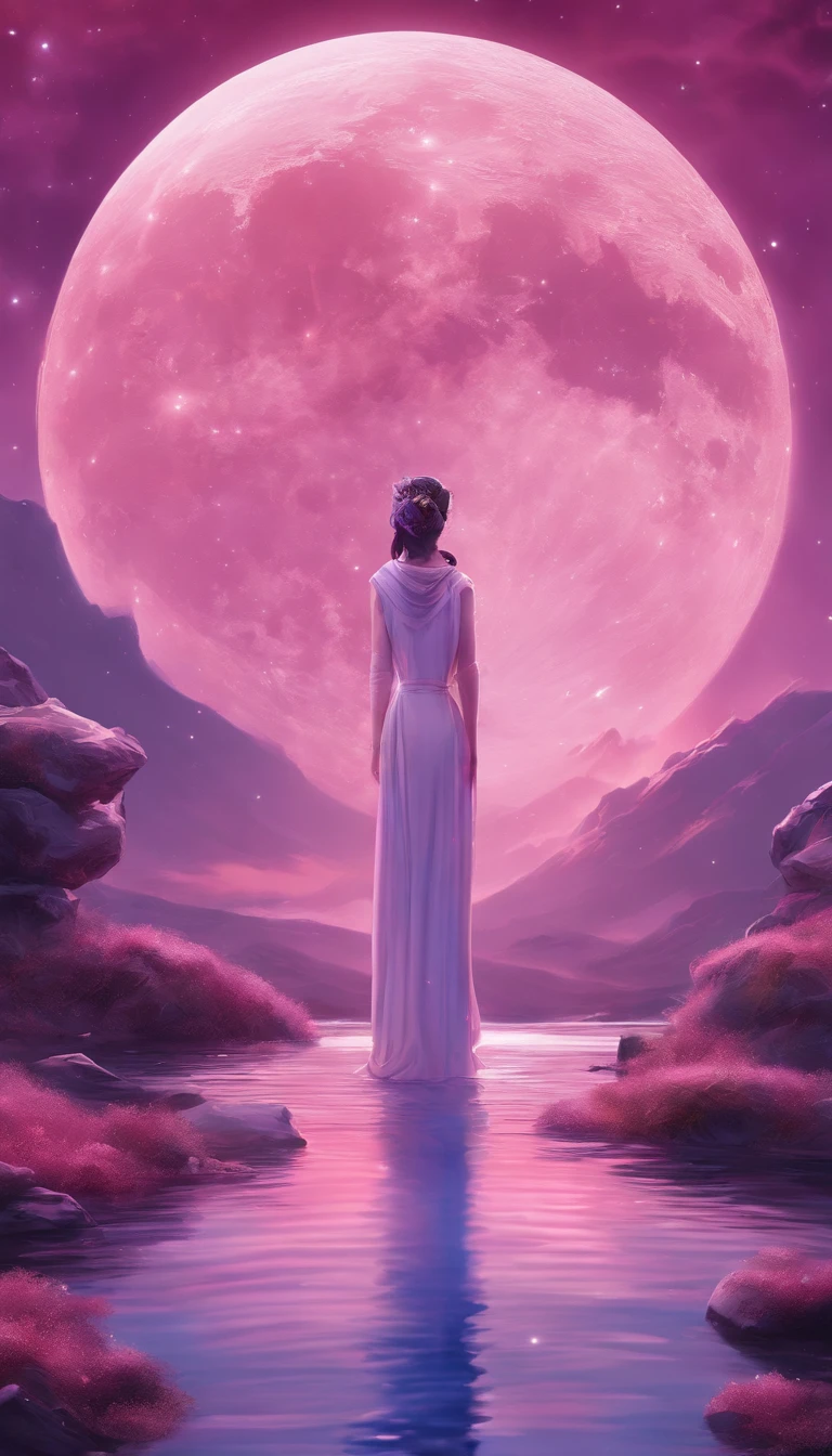 a distant cosmic being standing in a pink robe, abaixo de um portal em formato de espiral, com escritura: Portal 9/9. The female cosmic being with a staff resting on the water floor, in one hand and a lamp lit and shining with fire in the other hand, olhando de frente para o portal, with a violet sky, rosa, azul, roxo, cheio de estrelas de fundo e uma lua cheia grande e brilhante