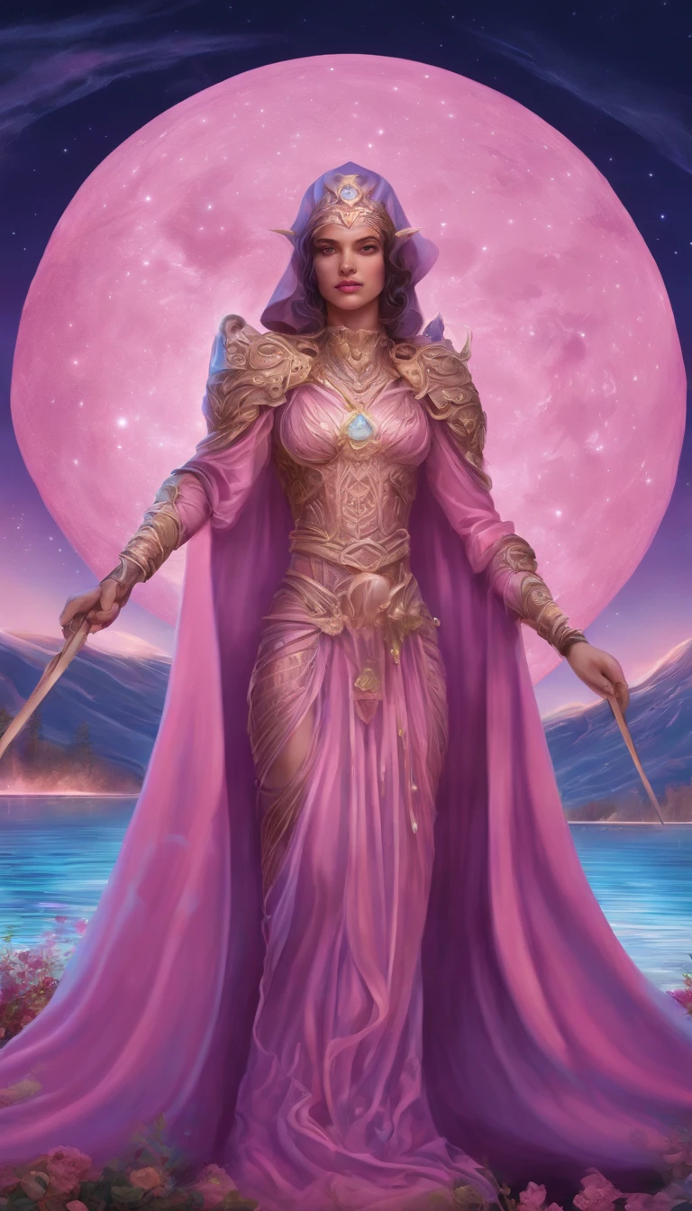 A distant cosmic being, standing with a pink cloak, beneath an inverted U-shaped portal. The cosmic female being with A SWORD TOUCHING the watery ground in one hand and a LIT LANTERN in the other hand, facing the portal and with her back to the screen, against a backdrop of violet, blue, and purple. A star-filled sky, with a large, Bright Full Moon.