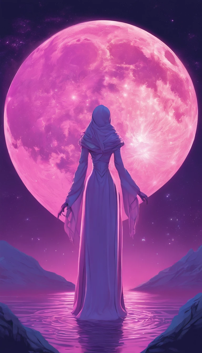 A distant cosmic being, standing with a pink cloak, beneath an inverted U-shaped portal. The cosmic female being with A SWORD TOUCHING the watery ground in one hand and a LIT LANTERN in the other hand, facing the portal and with her back to the screen, against a backdrop of violet, blue, and purple. A star-filled sky, with a large, Bright Full Moon.