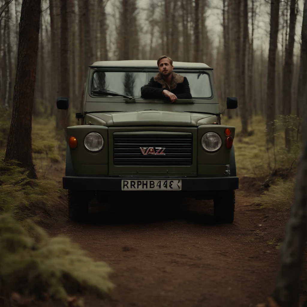 Ryan Gosling dressed by Varg Vikernes, in the woods, next to the Russian UAZ car