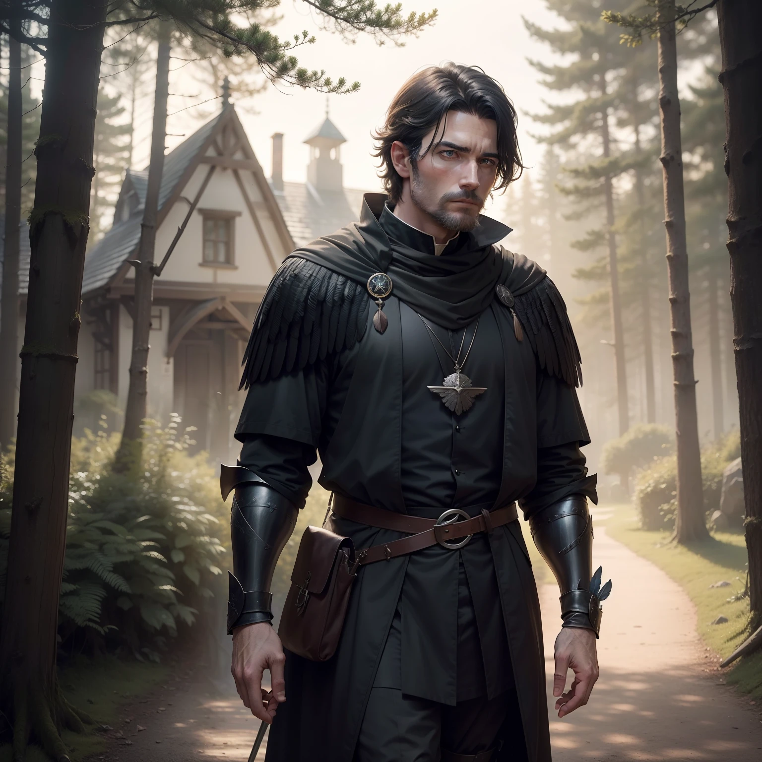 Actor Steven John Ward, black wings with feathers in the shape of swords, in the distance, background of a lodge in the middle of the forest, medieval style.