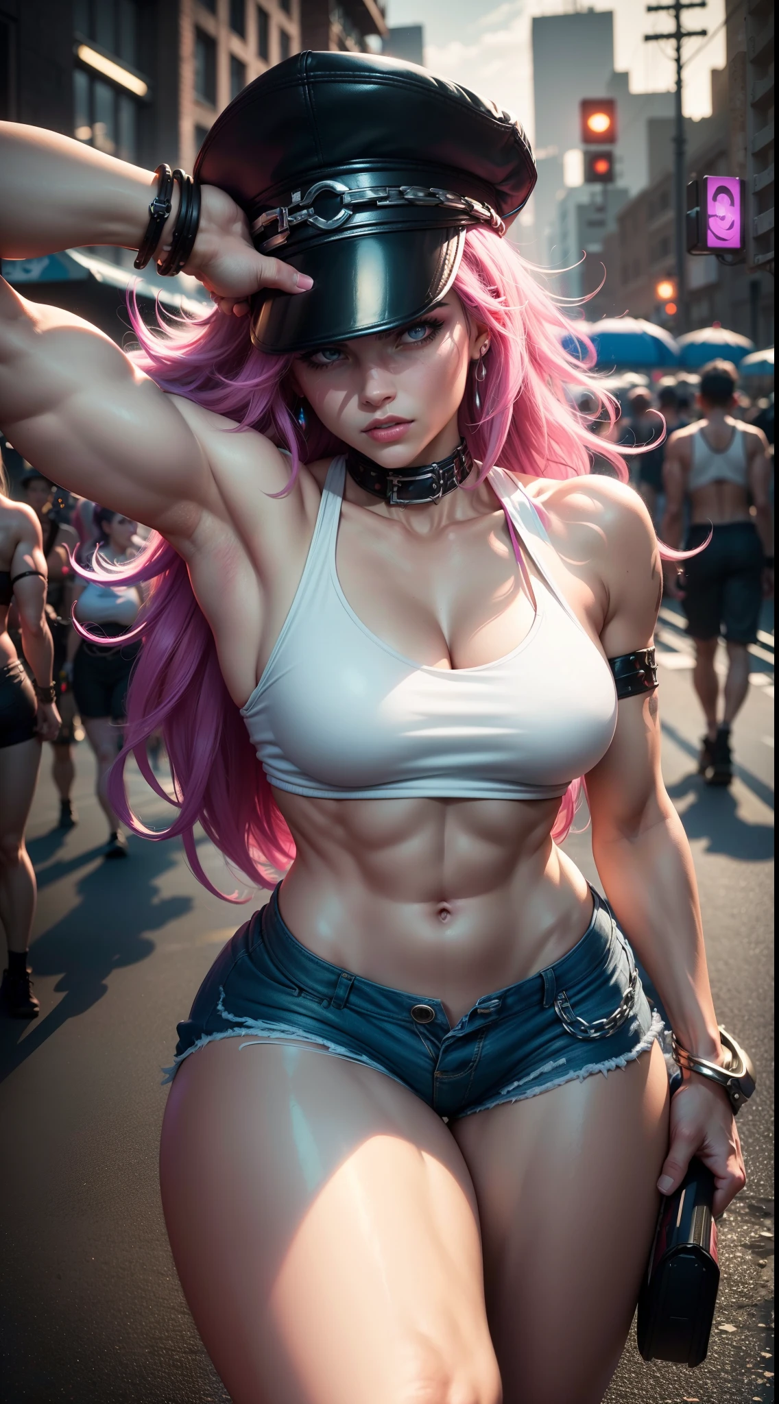 (best quality,4k,8k,highres,masterpiece:1.2),ultra-detailed,(realistic,photorealistic,photo-realistic:1.37), Poison Kiss,Street Fighter,pink long hair,cap,shorts,tank top,metallic claws,piercing glare,gritty urban setting,neon lights,fierce and intense,action-packed,stylish street fashion,dim color palette,strong contrasting shadows,photografic pose