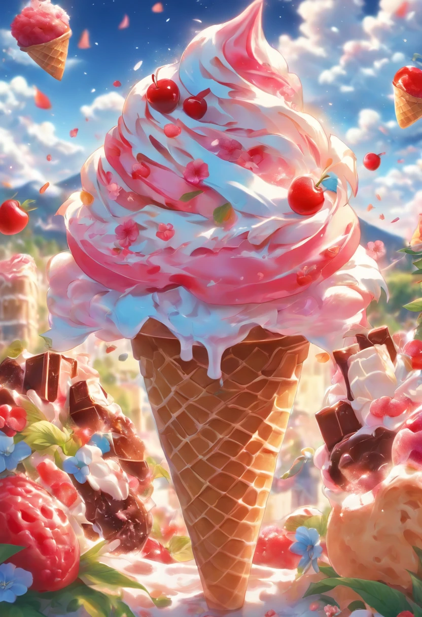 ,high high quality,8K,Many details,Ice cream is like a mountain,Little cherry,chocolate bar,The shape of the rotation is beautiful,adolable,Rich in color,Poster illustration,The foreground is surrounded by wildflowers,Advertising poster advertising promotion,Beautifully composed,Far Mountain,rosy clouds