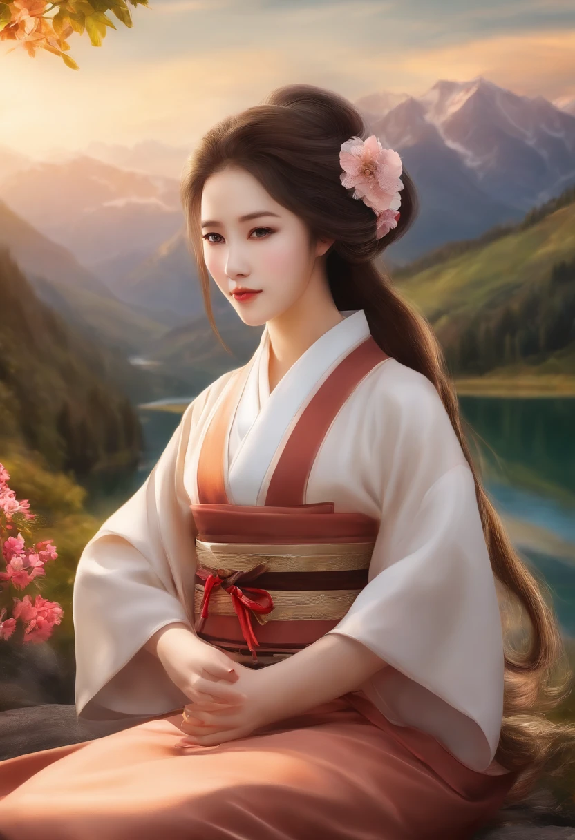 best quality, Meisterwerk, Extrem Detailliert, Detaillierter Hintergrund, Detaillierte Augen, Anime, 1girls, gorgeous eyes, Kizi, Girl with long hair, ausdrucksstarkes Gesicht, Kimono, retro, Der Berg Fuji Lansdscape, al fresco, Sonnenuntergang, beautifull sky, Picknick am See, Landschaft, Szenerie, HORIZONT, Mountain sits near mountain, Wind, Blütenblatt, Feder, wegblickend, Stimmungsvolle Beleuchtung, Reflexion, naturalistisch, Detail, Realismus. Entspannung, beauty, Solo-Fokus, close up, von der Seite, Depth of field, bokeh