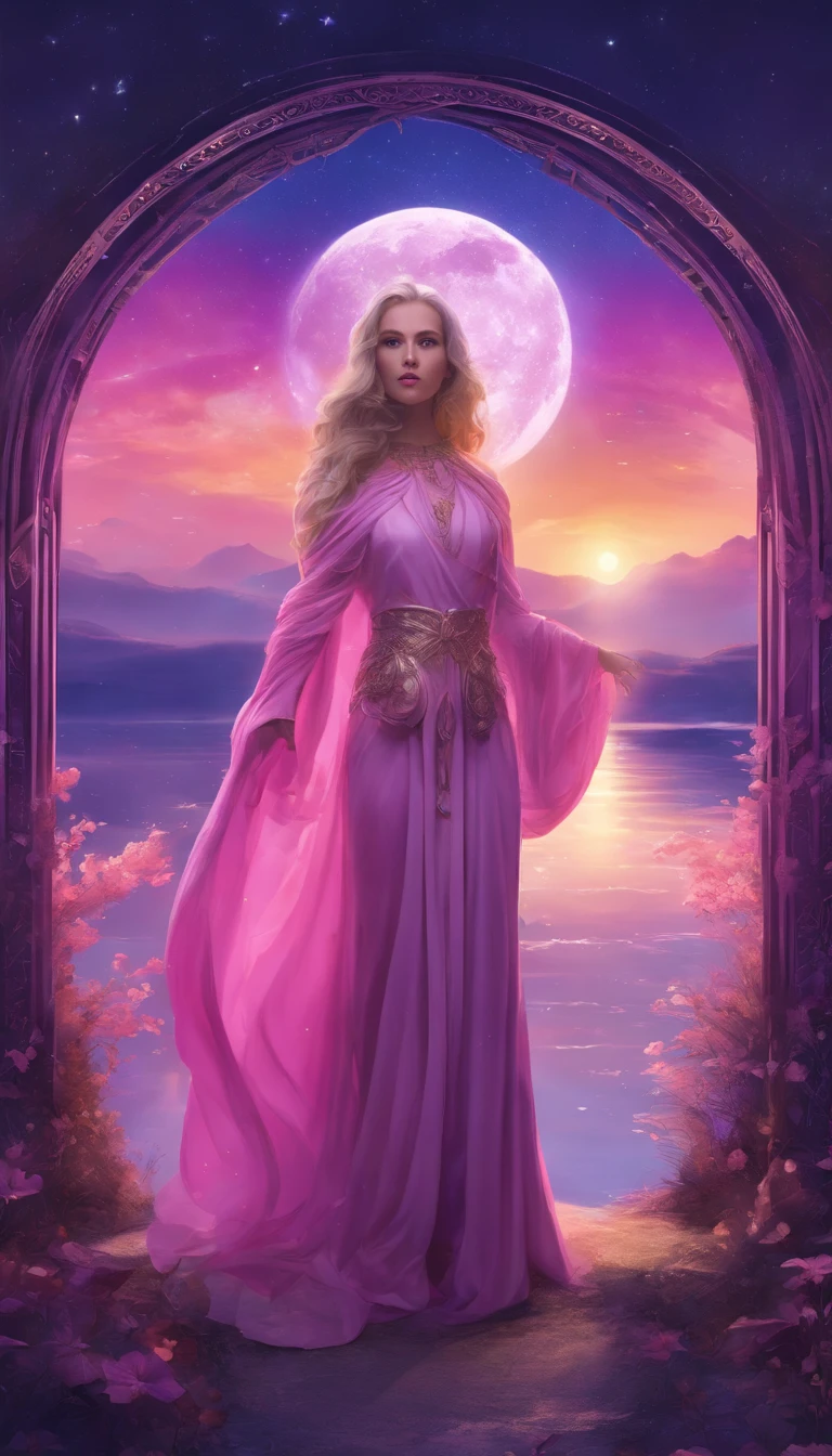 A distant cosmic being, standing with a pink cloak, beneath an inverted U-shaped portal. The cosmic female being with A SWORD TOUCHING the watery ground in one hand and a LIT LANTERN in the other hand, facing the portal and with her back to the screen, against a backdrop of violet, blue, and purple. A star-filled sky, with a large, Bright Full Moon.